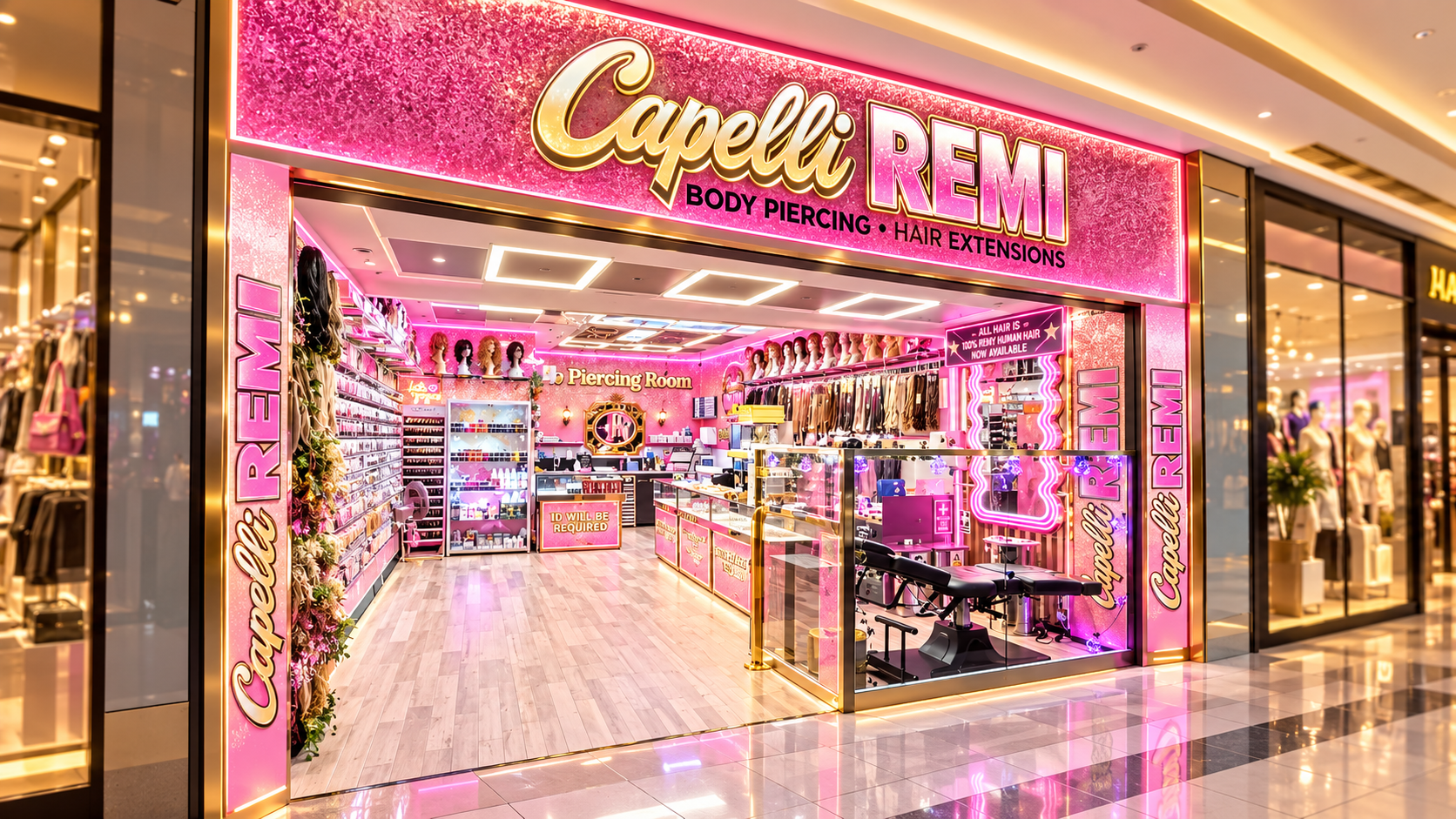 Front view of a pink-themed store named Capelli Remi offering body piercing, hair extensions, and related services inside a shopping mall.