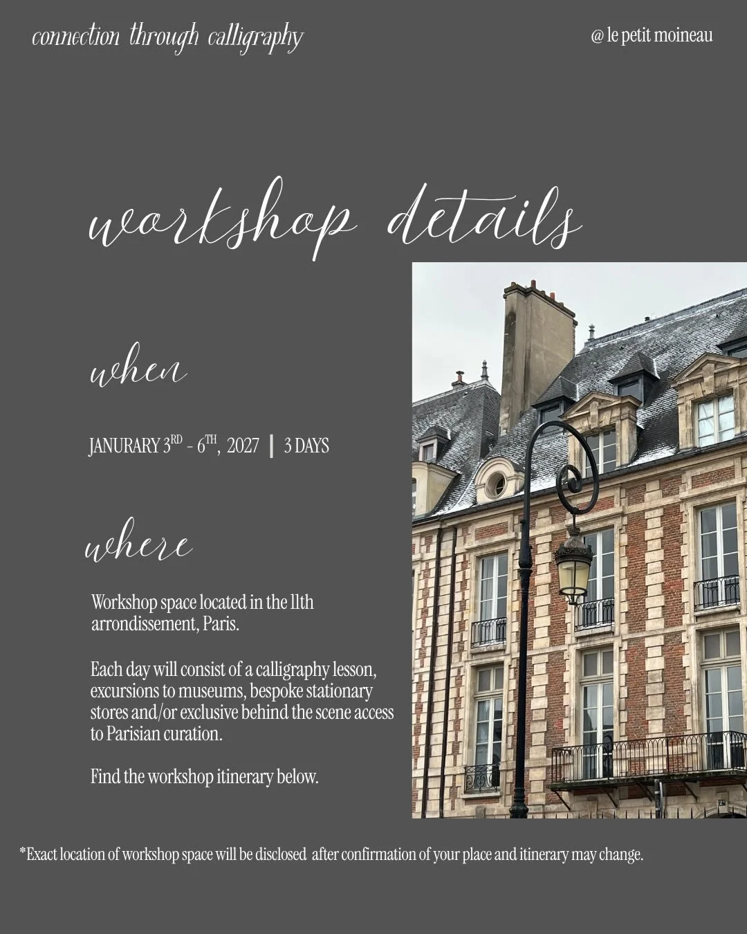 ❤️ PARIS WORKSHOP ❤️ 

workshop details 

Page two and three. The workshop is in the 11th arrondissement in an apartment that is on the ground floor for easy access. 

Bisou x 

#parisworkshop #calligraphy #handwriting #findingme