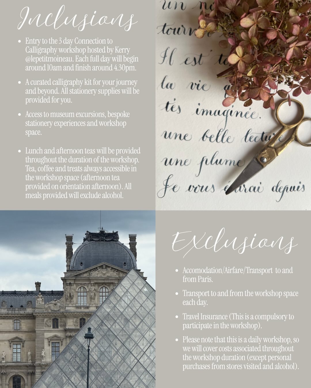 ❤️ PARIS WORKSHOP ❤️

inclusions, exclusions and frequently asked questions 

More details about what is included, what&rsquo;s not and why this workshop is a unique journey in Paris. 

A couple people have reached to ask can a mother&amp; daughter a
