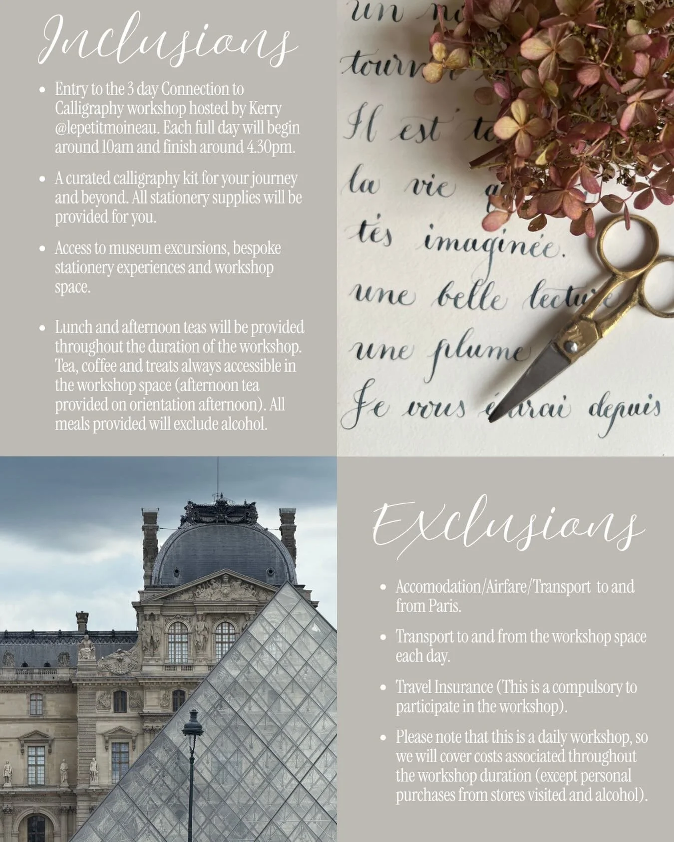 ❤️ PARIS WORKSHOP ❤️ 

inclusions and exclusions 

More details about the workshop. 

Bisou x

#calligraphy #Paris #writing #creativejourney