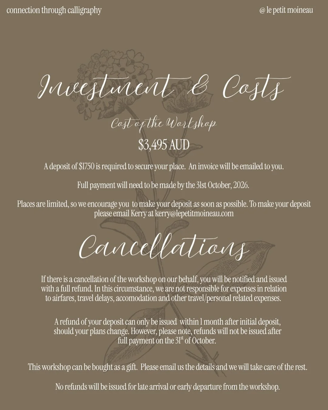 ❤️ PARIS WORKSHOP ❤️

The last two pages of the workshop. What your Investment is for the cost of the workshop. It includes all your beautiful materials, food during the day and me as your tutor and guide. 

Please note that maximum number of partici