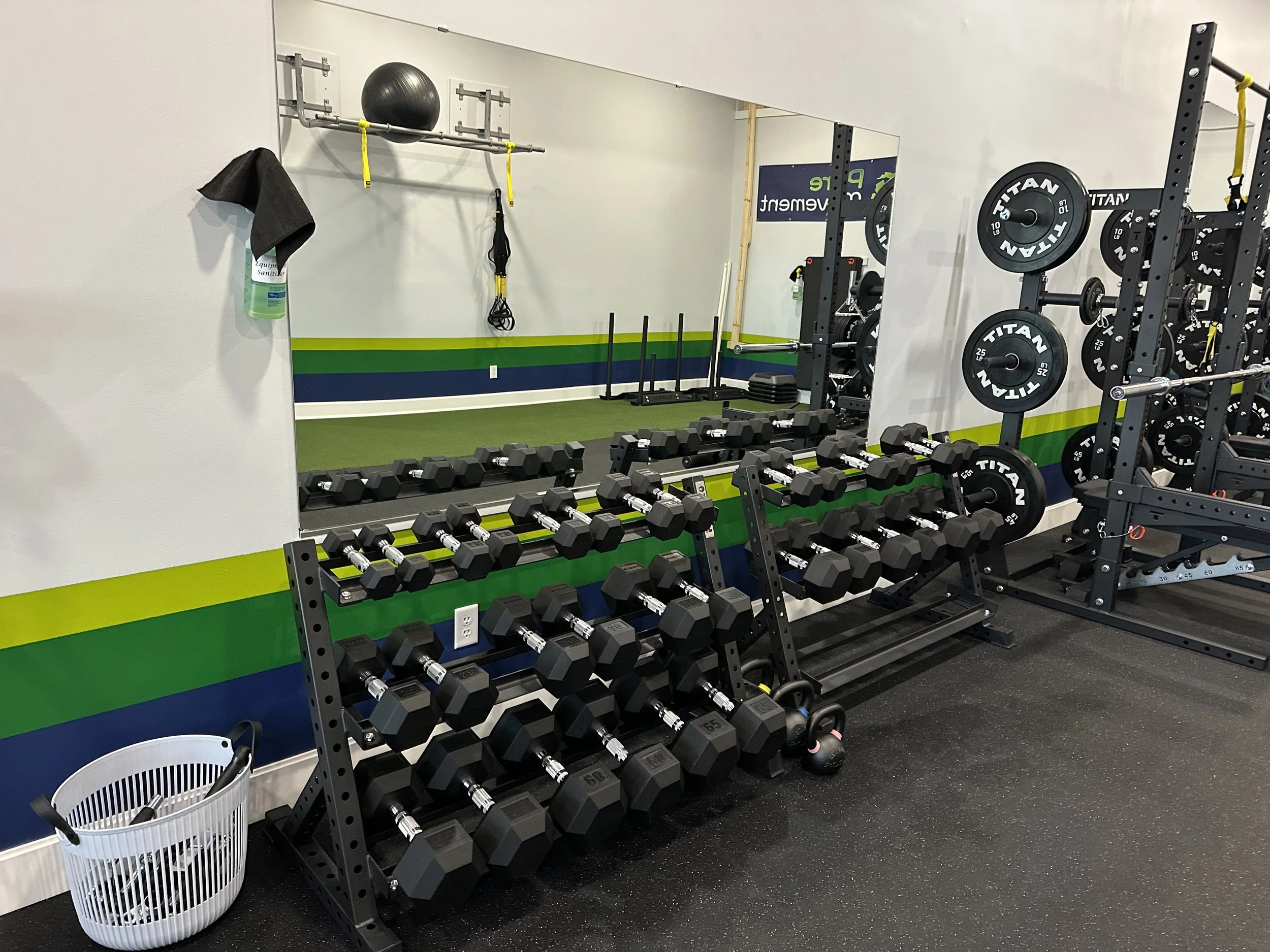 Resistance training area of Pure Movement with dumbbells, barbells, and kettlebells