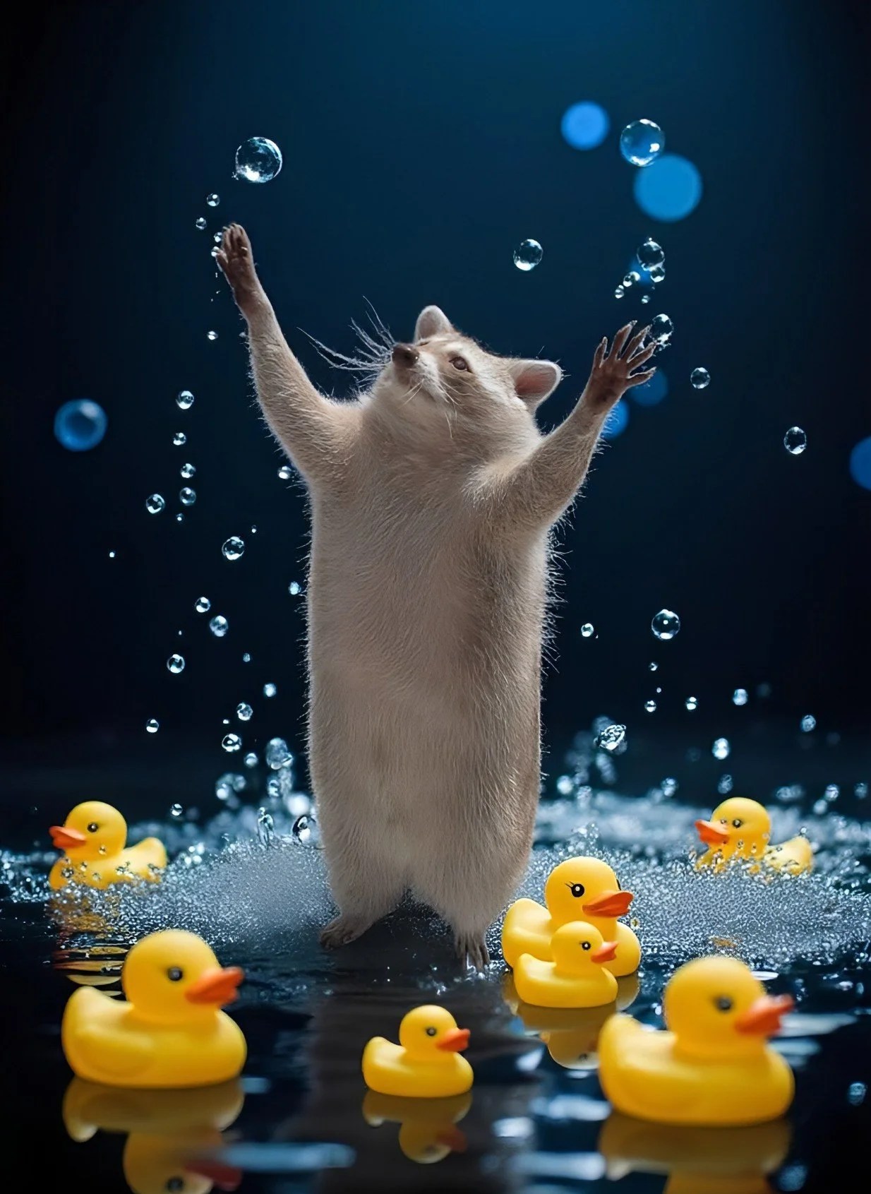 Cleetus the blond raccoon for T&K Construction of SWFL LLC , standing in a puddle of rubber ducks and catching bubbles