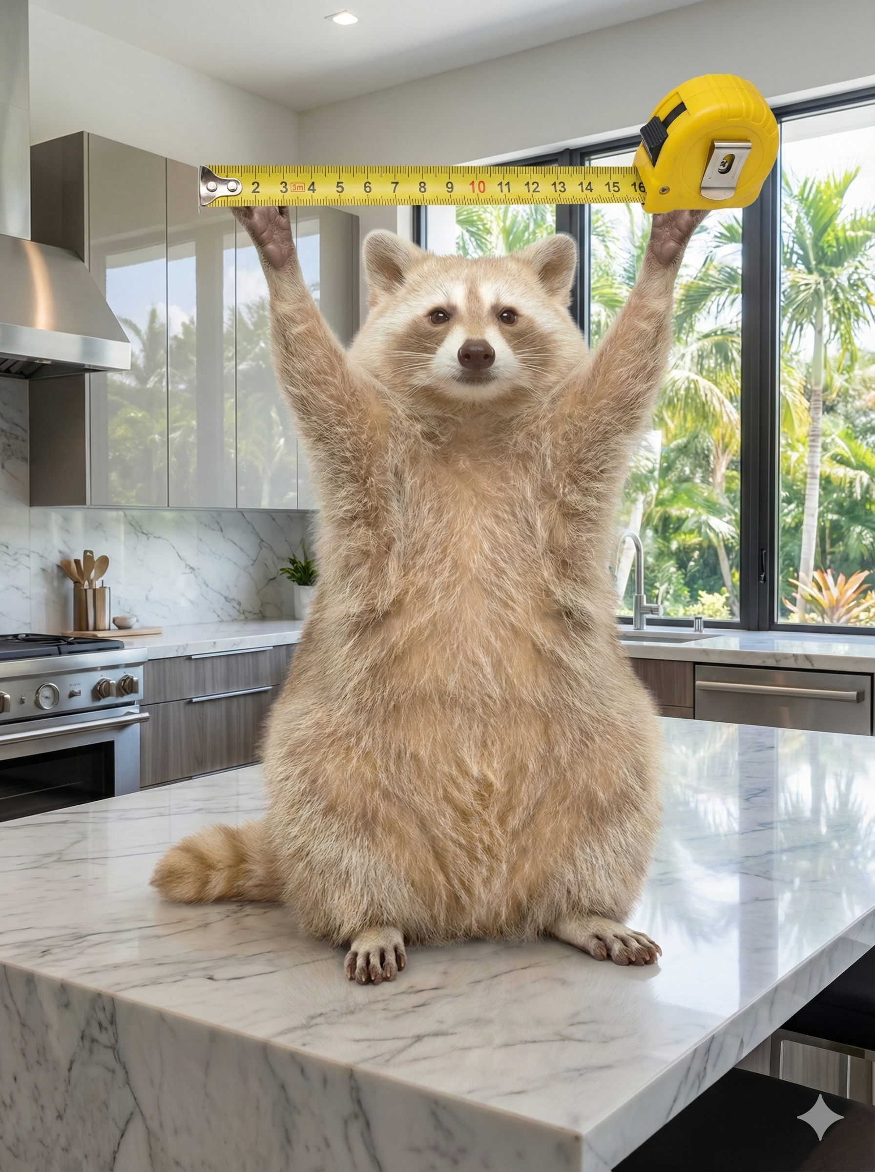 A raccoon standing on a marble kitchen counter, holding a tape measure stretched out horizontally with both paws.