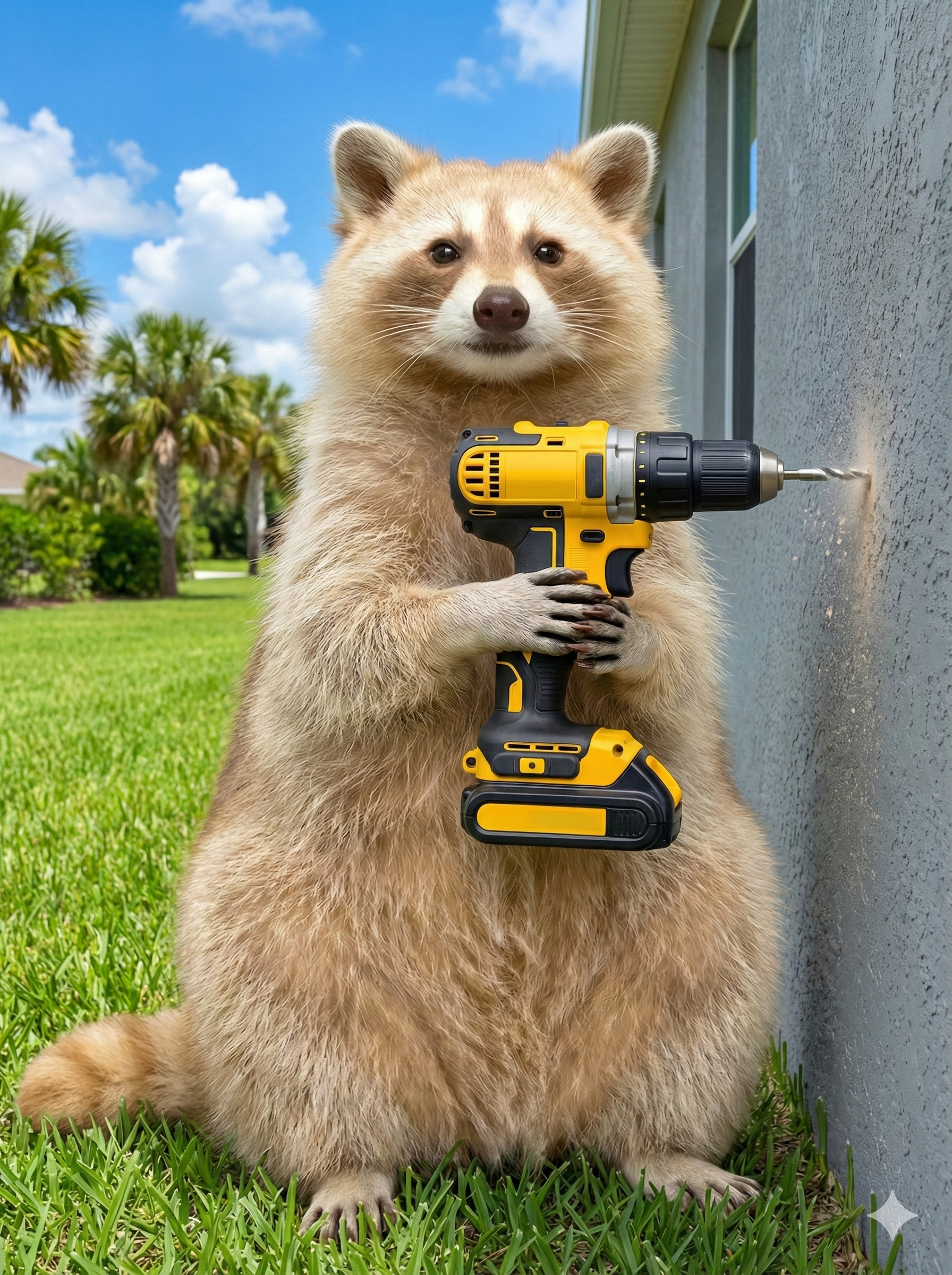 A raccoon standing on grass, holding a yellow and black cordless drill, appearing to drill into a wall outside a house with palm trees and blue sky in the background.