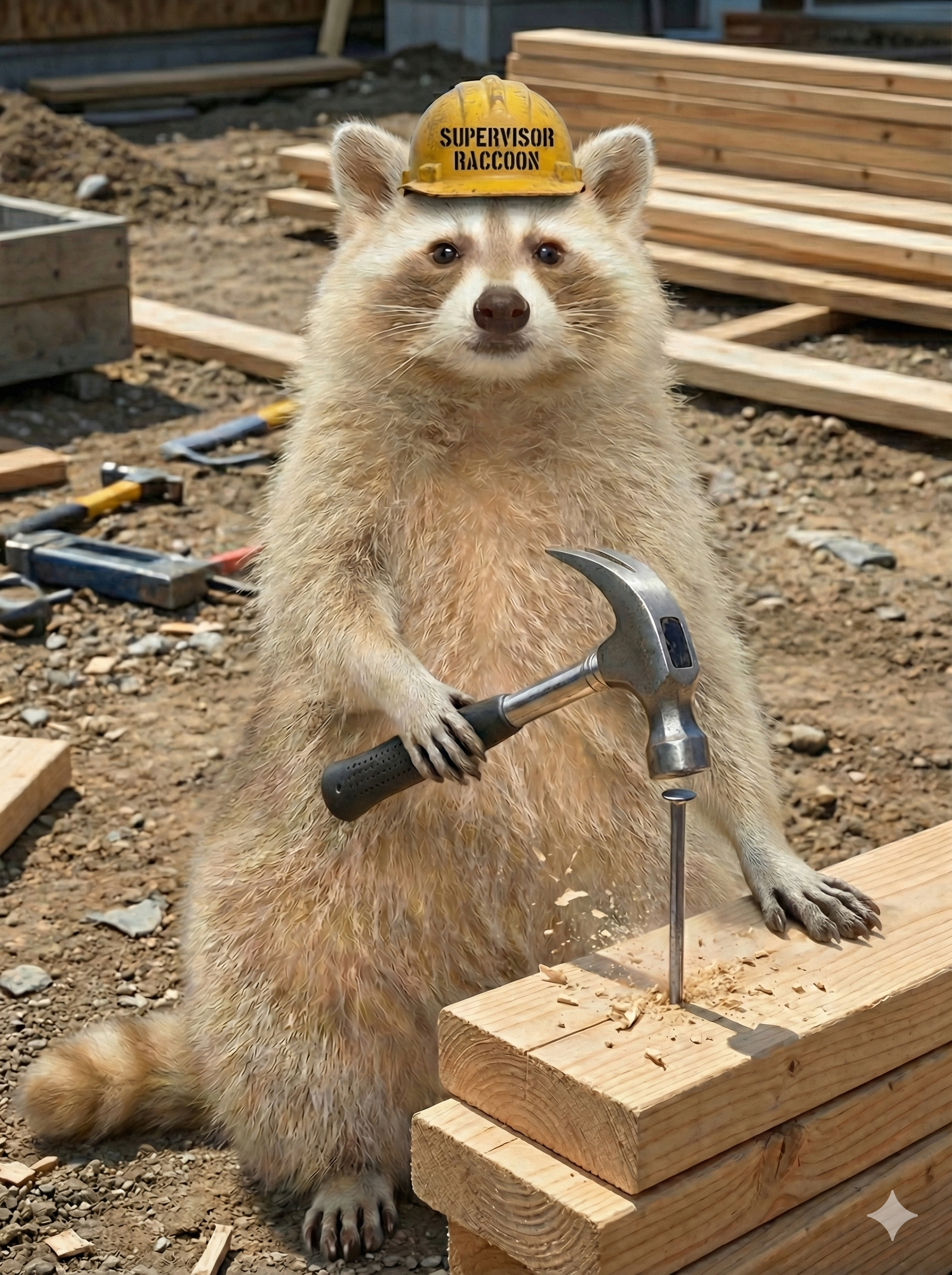 A raccoon dressed as a construction worker with a yellow hard hat labeled 'Supervisor Raccoon,' holding a hammer, in a construction site with wooden planks and tools.