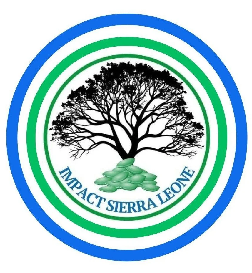 A circular logo with green and blue concentric rings, featuring a black tree with many branches, green leaves, and a pile of coins at the base of the tree, with the words 'IMPACT SIERRA LEONE' written in blue around the bottom of the circle.