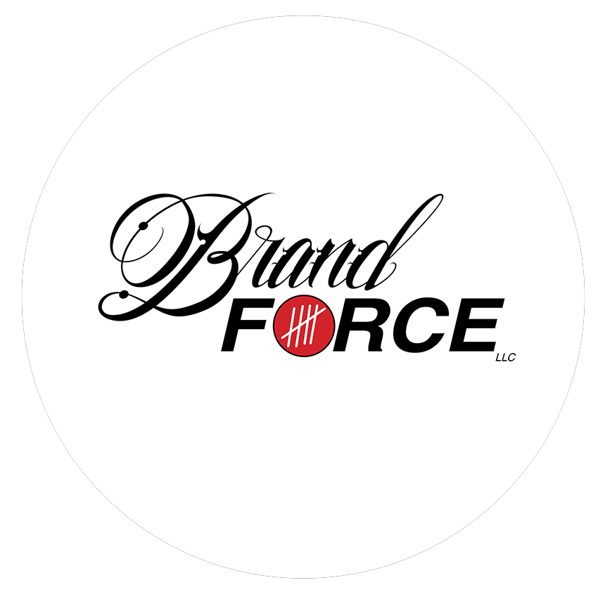 Brand Force 5 logo featuring stylized black cursive for 'Brand' and bold black and red text for 'Force' with a red circle and white tally marks replacing the letter 'O'.