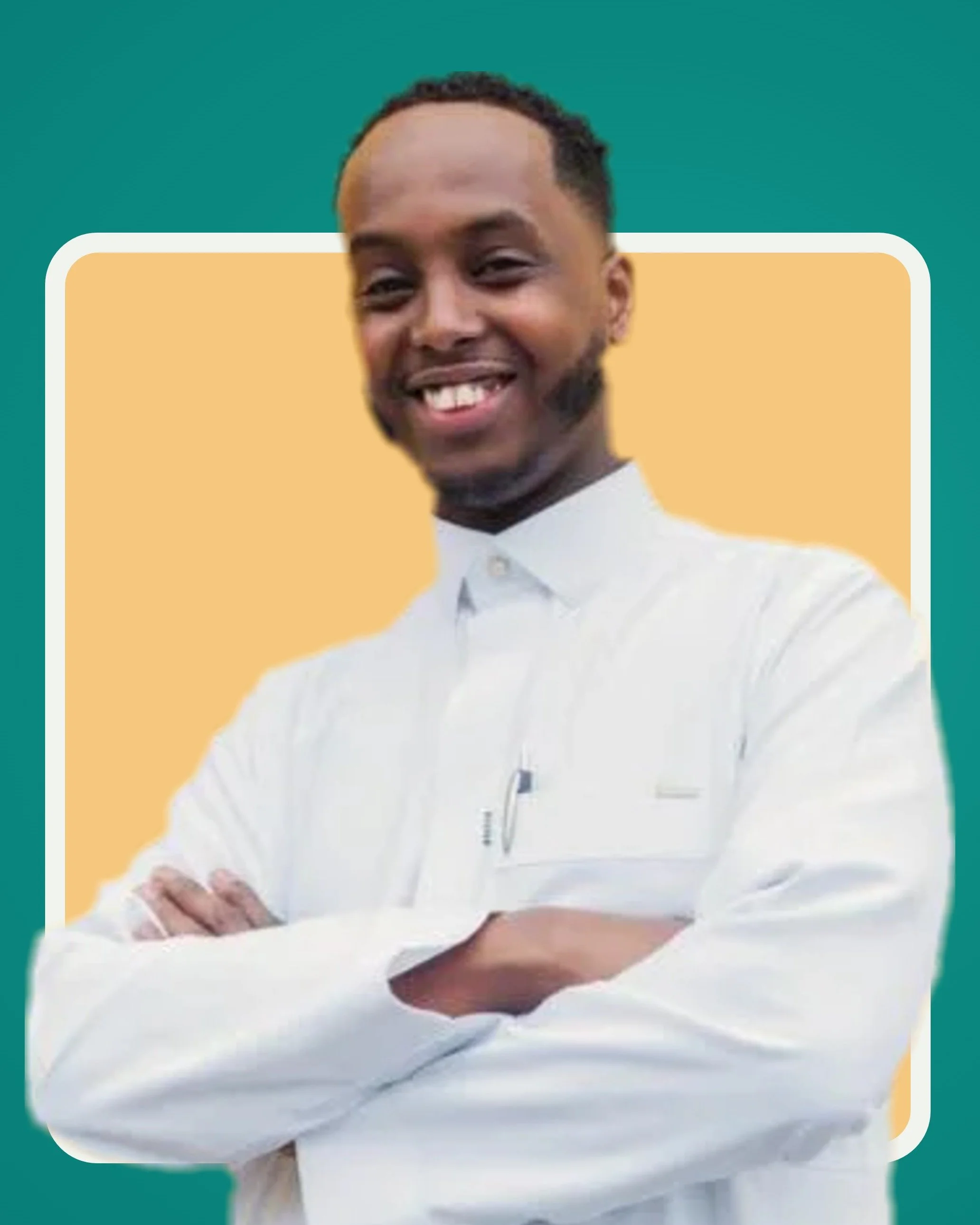 U S A M A smiling with arms folded, wearing a white thobe, against a teal background framed by a white border.