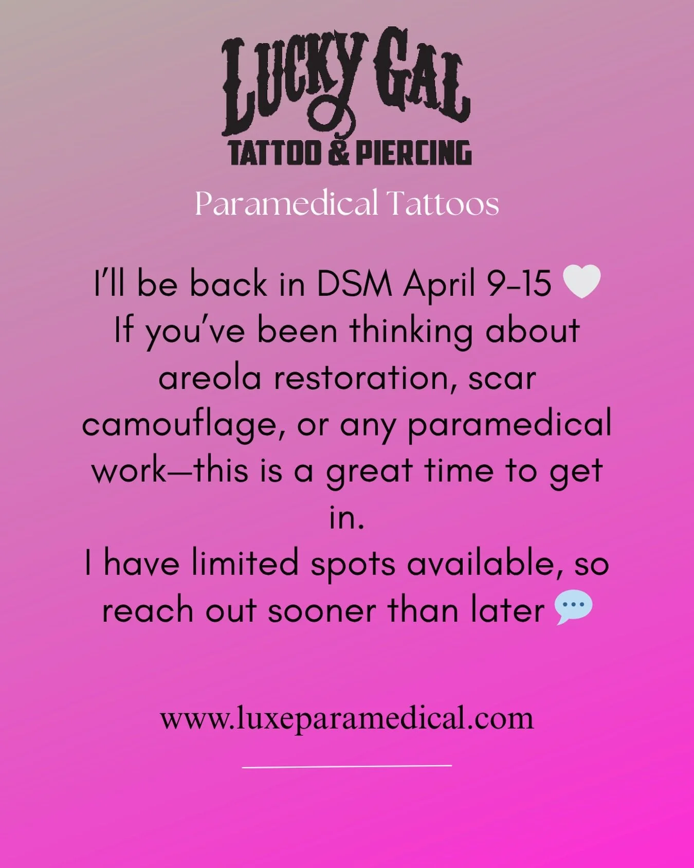 DM to book a consult!  Bringing Paramedical Tattooing to Waukee, Iowa &ndash; Limited Guest Spot at Lucky Gal Tattoo (April 9&ndash;15)
I&rsquo;m excited to announce that I&rsquo;ll be traveling to Waukee, Iowa for a special guest paramedical tattoo 