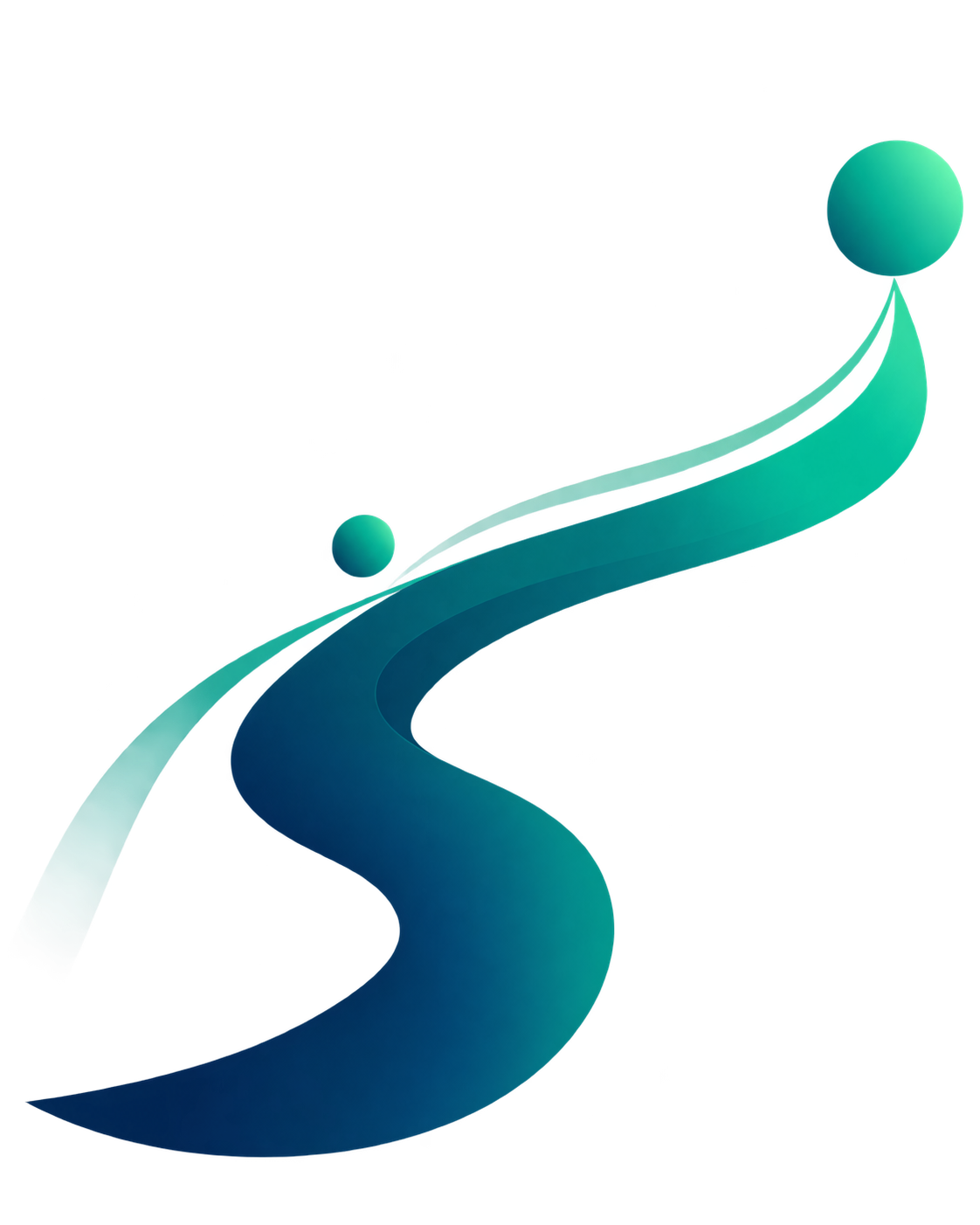 Digital illustration of a winding blue ribbon with two spheres, one at each end, floating in a dark space.