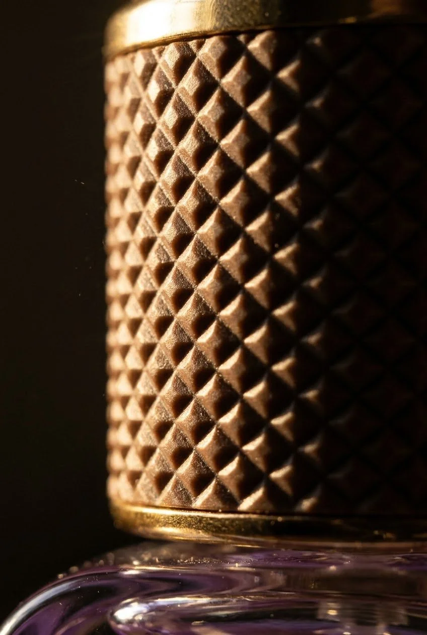 Close-up of a textured, metallic, gold-colored object with a diamond pattern, possibly the lid of a bottle or container, with a dark background.