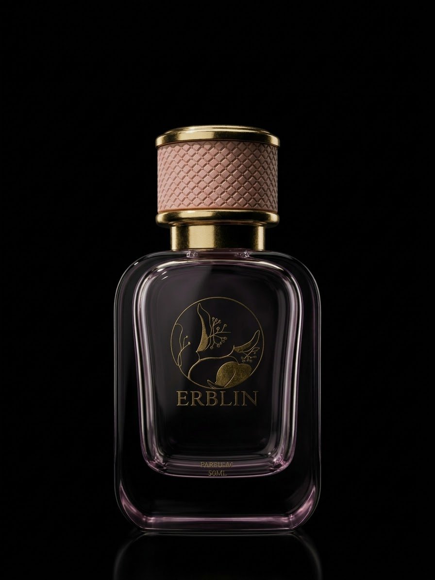 A perfume bottle with a black background, gold and pink accents, and the brand name 'ERBLIN' on the front.