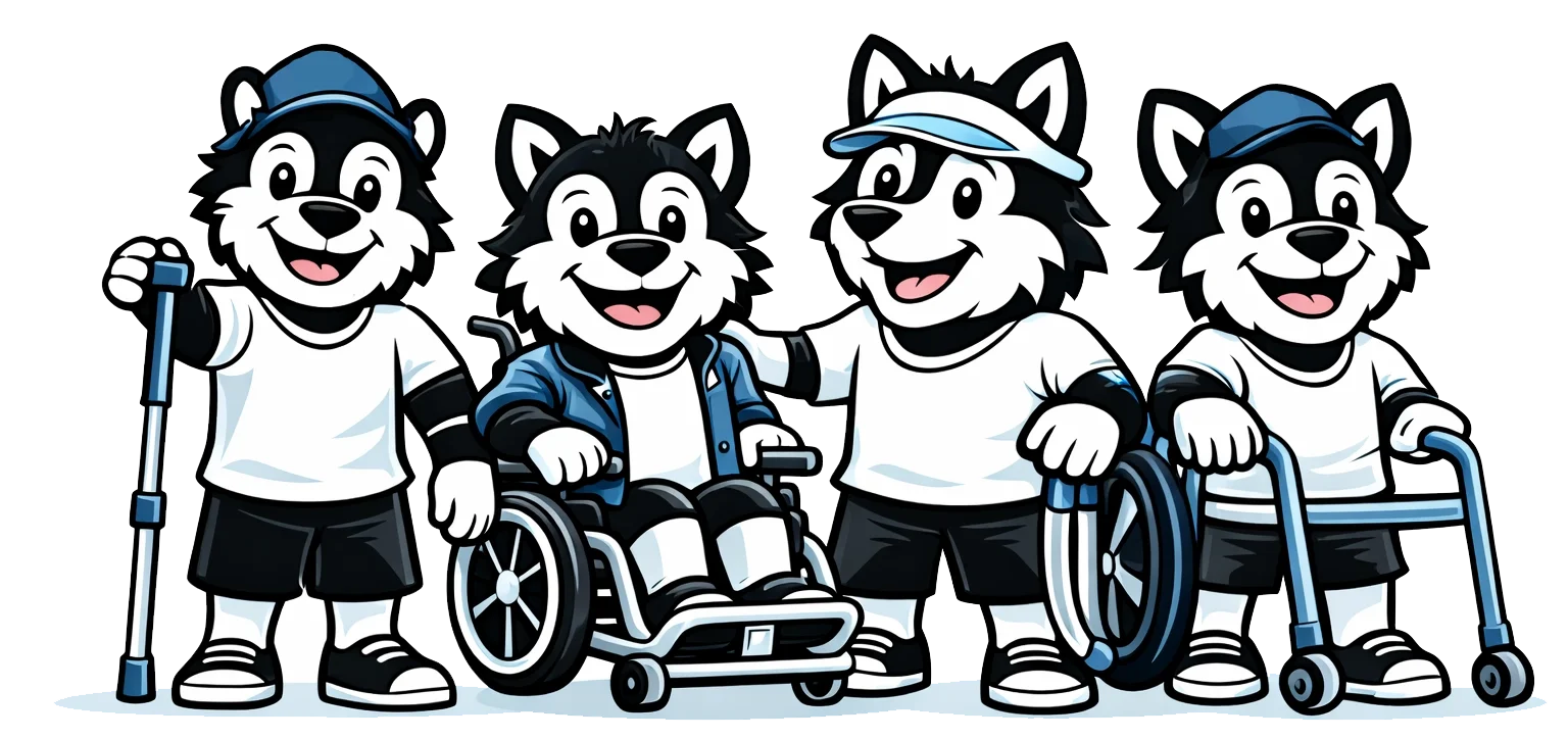 Four cartoon huskies with amputated paws, dressed in sportswear, some using wheelchairs and crutches, smiling and standing together.
