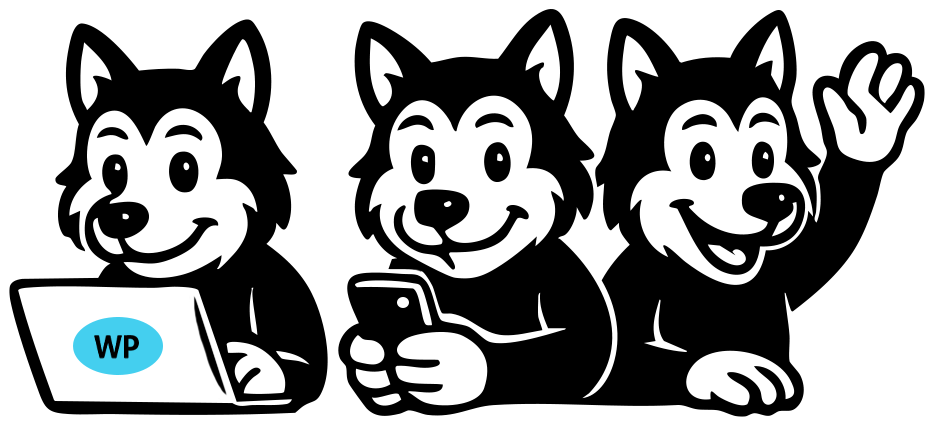 Three cartoon huskies using electronic devices: one with a laptop, one holding a smartphone, and one waving.
