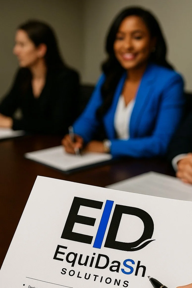 EquiDash Solutions™ logo on a printed page during a diverse business meeting, foregrounding brand professionalism.