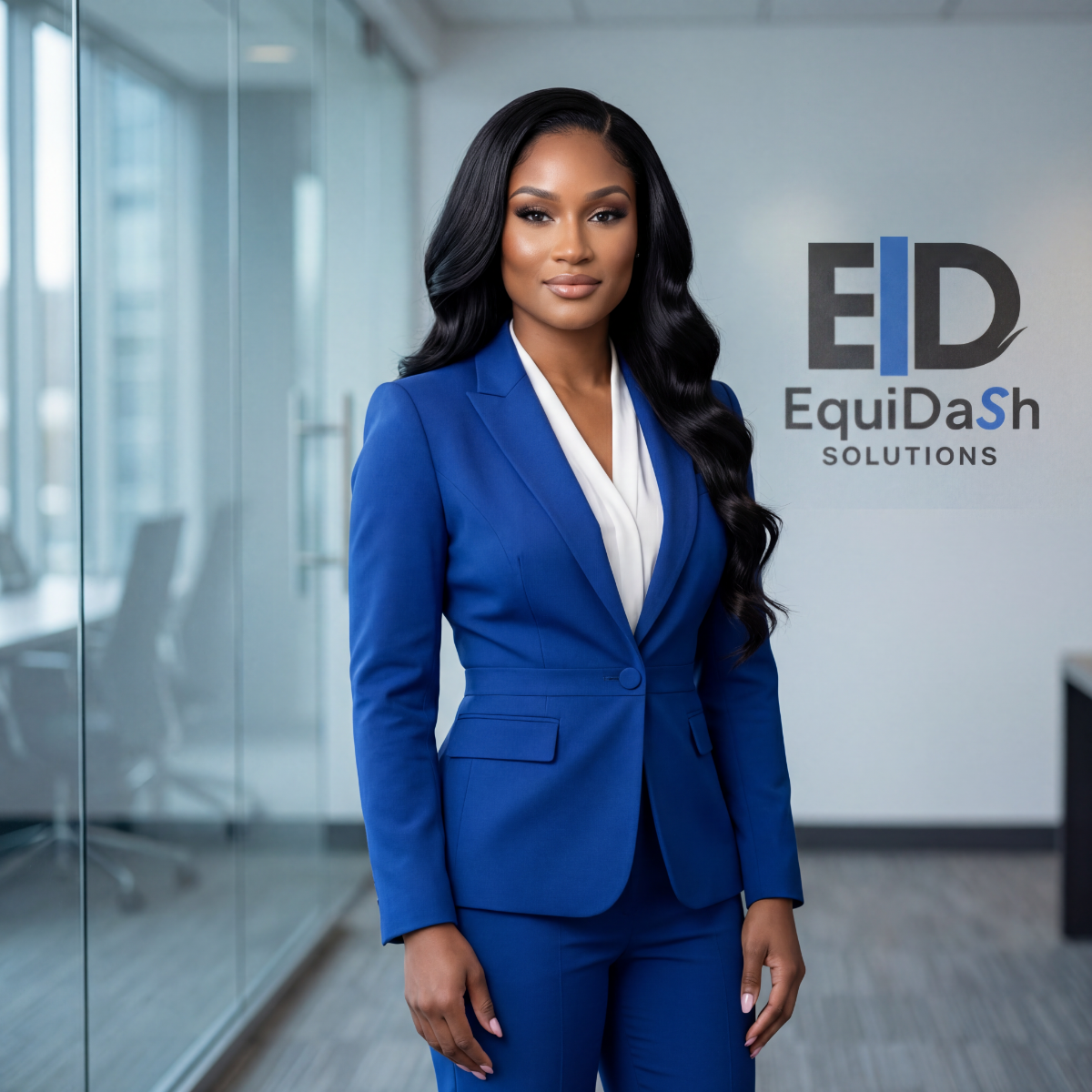A woman in a blue suit standing in an office with a glass wall and a logo that says Eight. Solutions