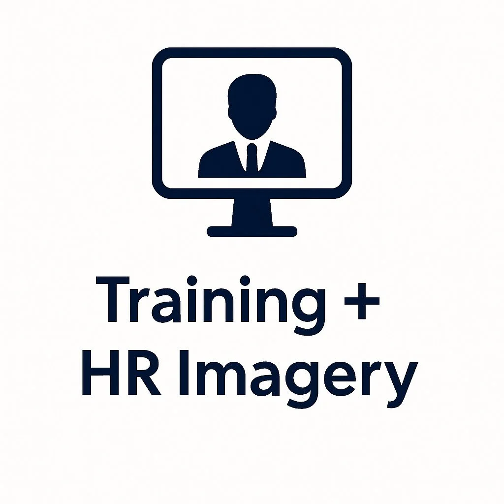 A computer monitor displaying a silhouette of a business person in a suit, with text underneath reading 'Training + HR Imagery'