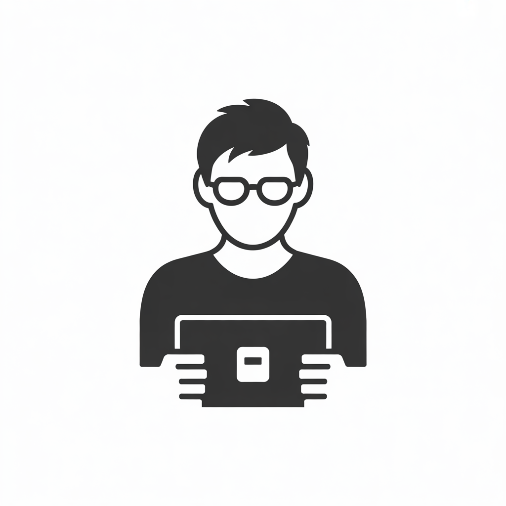 Icon of a person with glasses holding a tablet or smartphone.