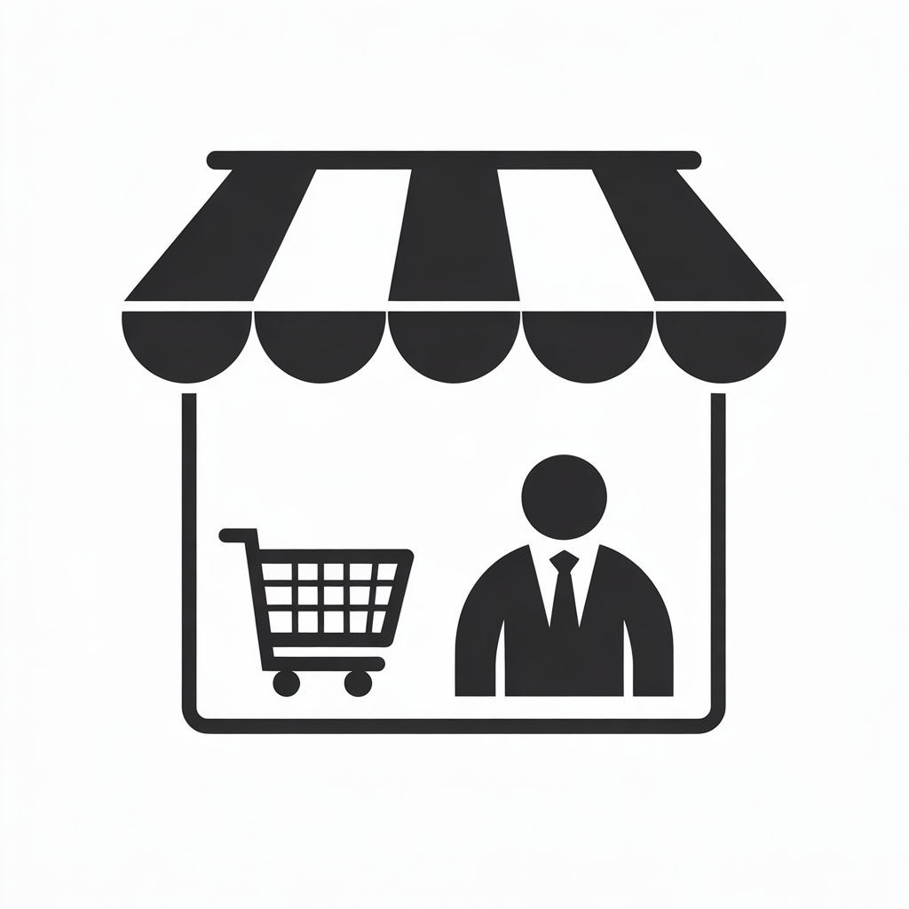 Icon of a marketplace or shop with a storefront awning, a shopping cart, and a person in a suit.