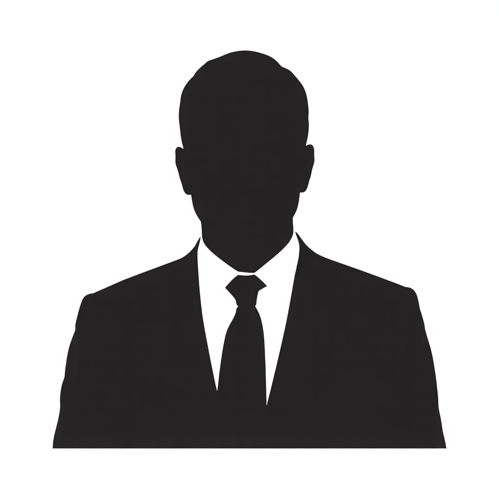 Silhouette of a man in a suit and tie, facing forward, with a plain white background.