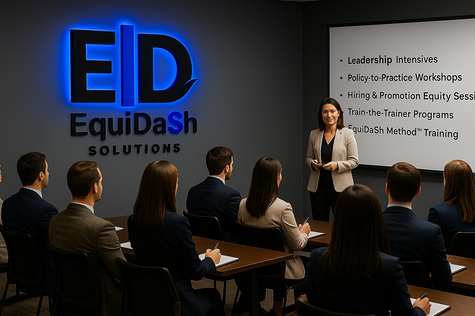 Professional trainer speaking to a group of business professionals in a corporate training session hosted by EquiDash Solutions™.