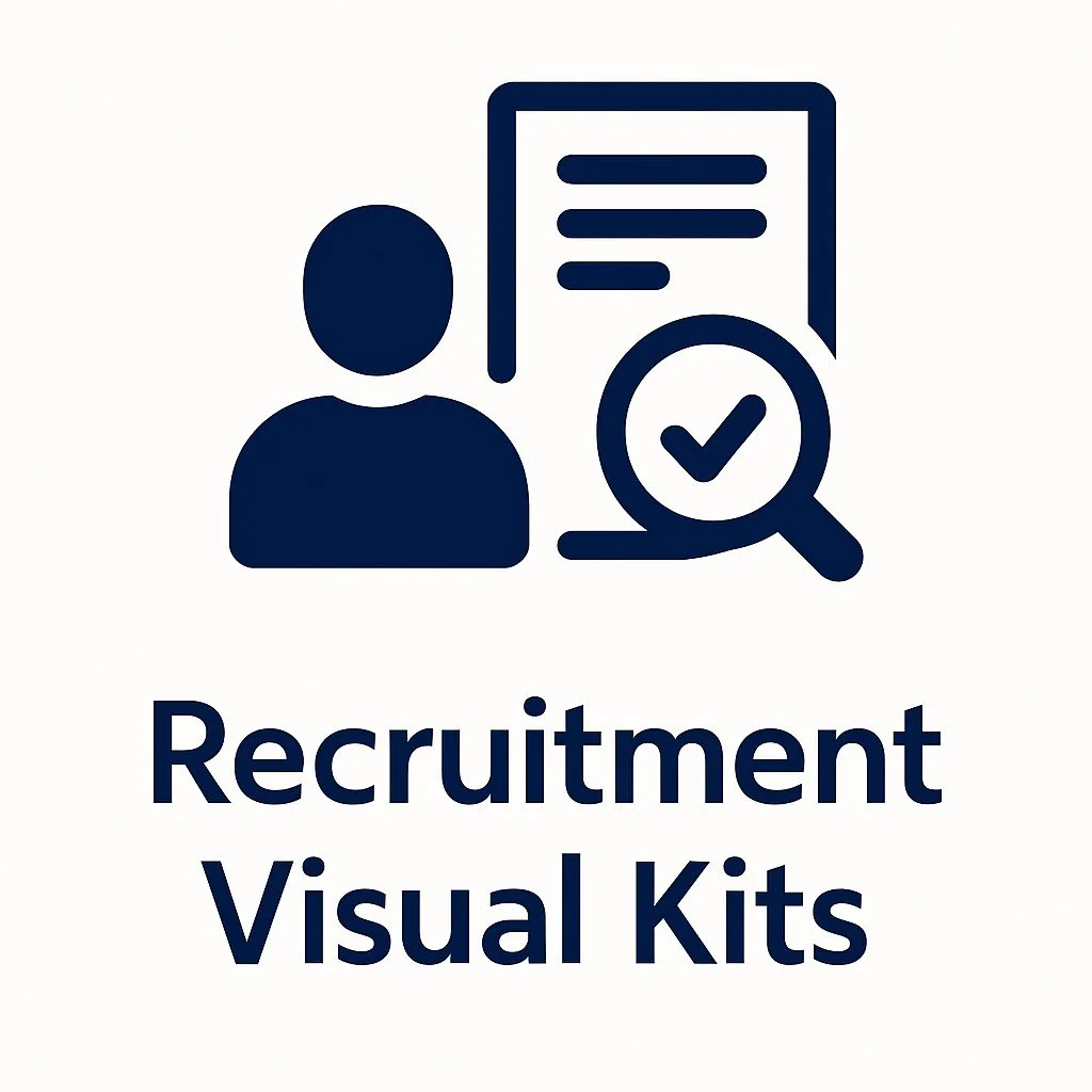 Icon of a person, a document with a checkmark, and the text 'Recruitment Visual Kits'.