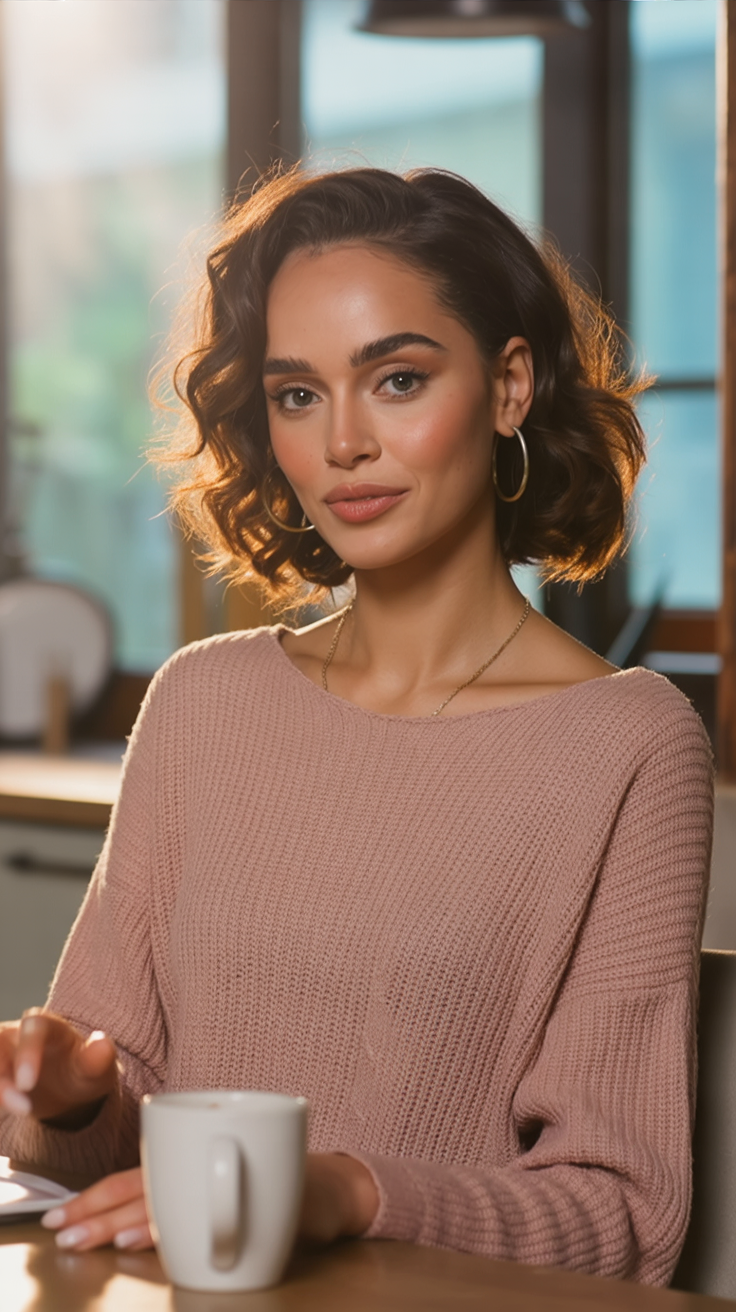 A woman with shoulder-length curly brown hair and hoop earrings sitting at a table with a coffee mug, inside a warmly lit room with large windows.