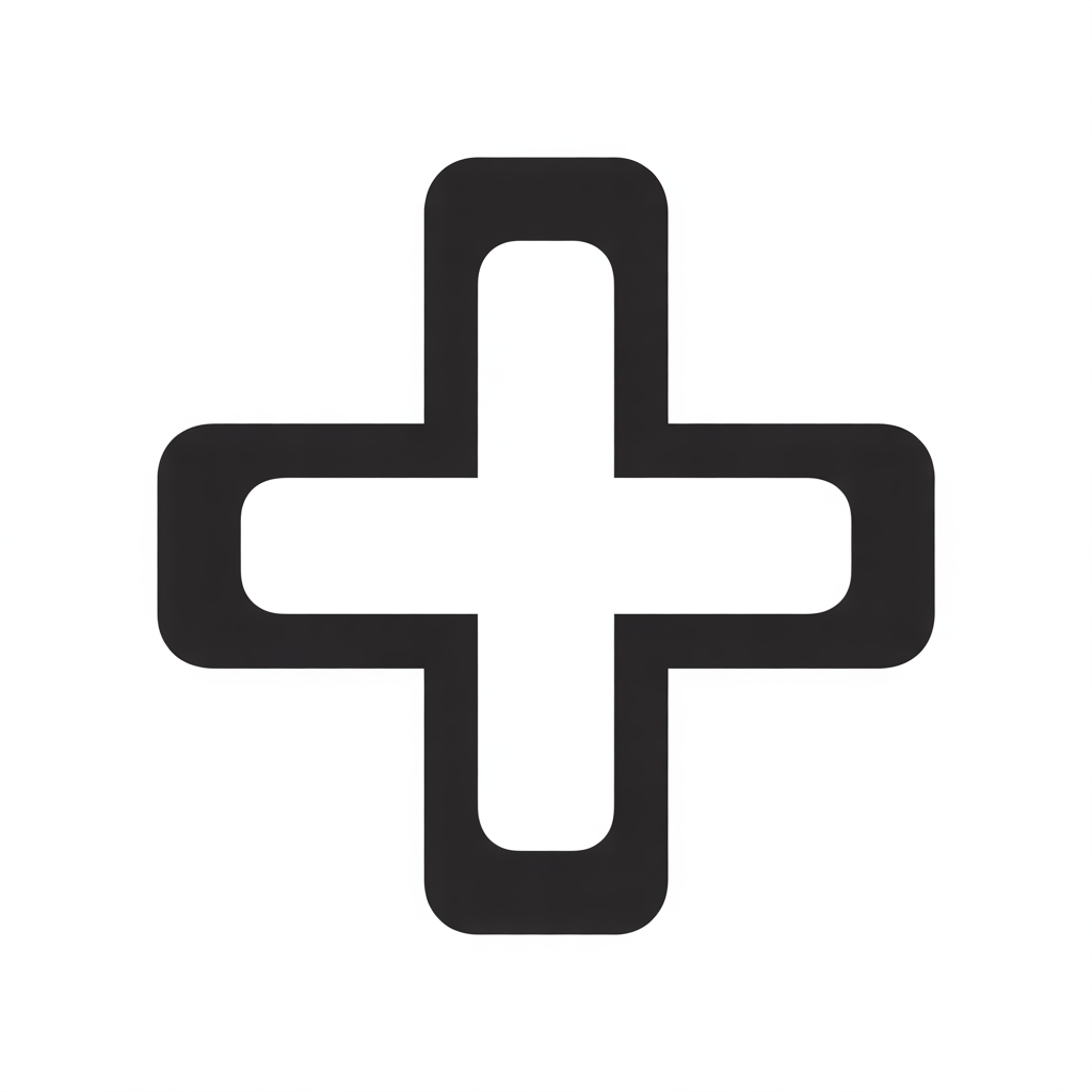 Black and white medical cross icon on a white background.