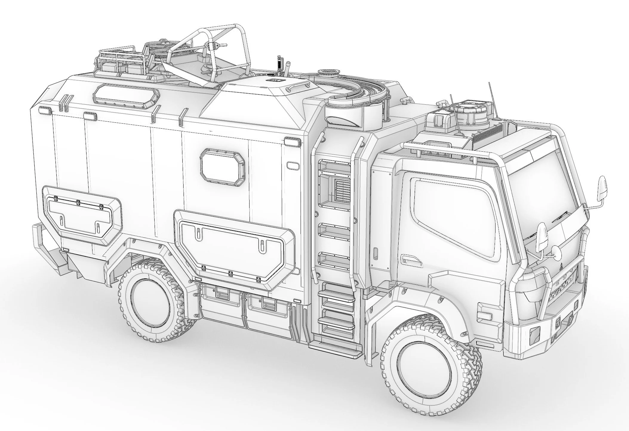 Model is an evolving group project - an amalgamation of modelling by myself, Ross Perkin, Devin Grey and Props elements by Jeremy Love. By myself include: upper hatch, side compartments, side ladders, gun track, windows. Including rebuilding various 