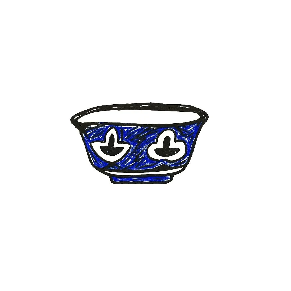 A hand-drawn illustration of a bowl with blue coloring and black outlines, featuring simple white flower-like shapes with black details on its sides.