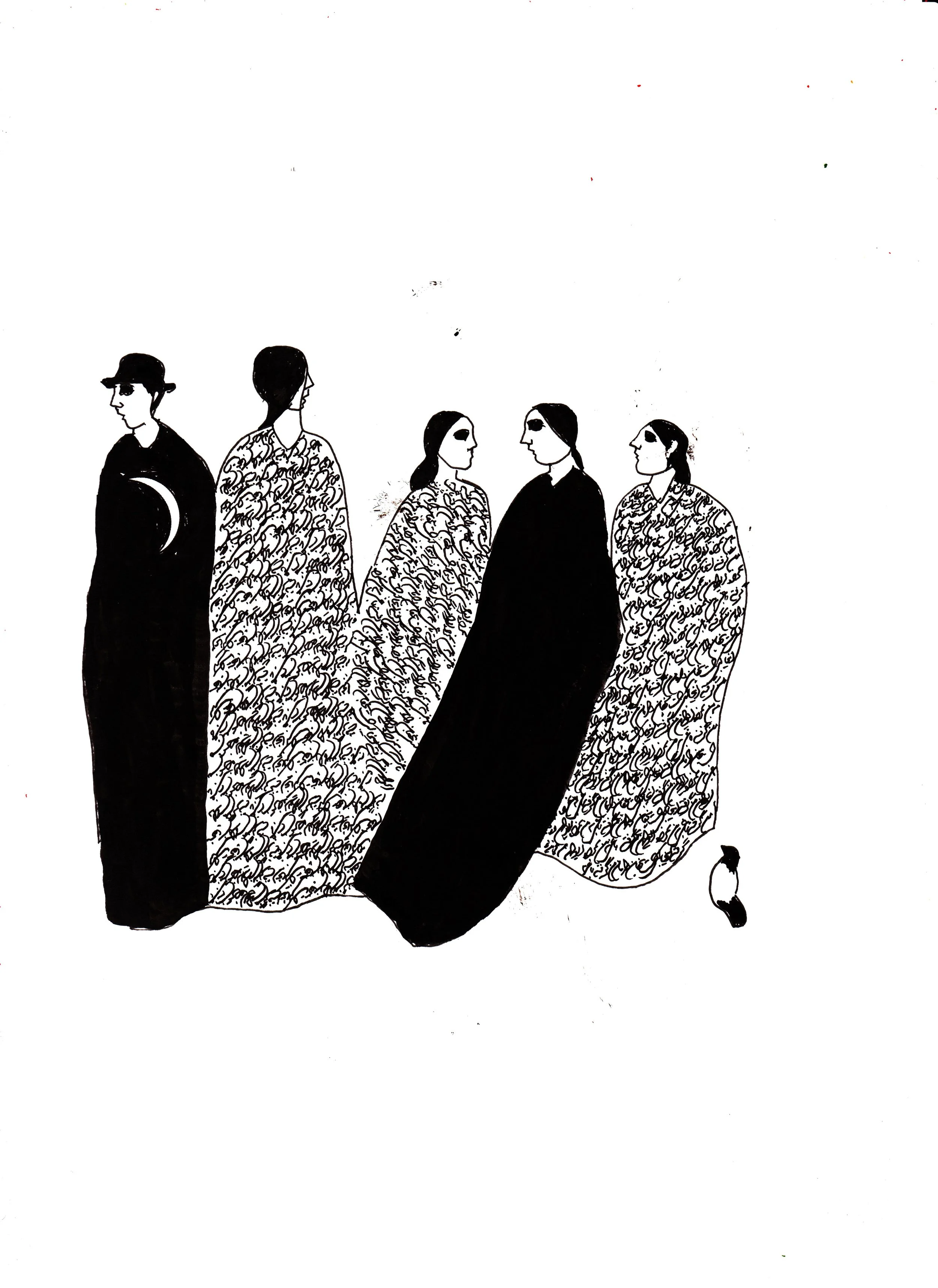 Black and white illustration of five people standing in a row, dressed in long robes or cloaks, with two women wearing patterned robes, two men in plain black robes, and a woman with glasses holding a pair of shoes.