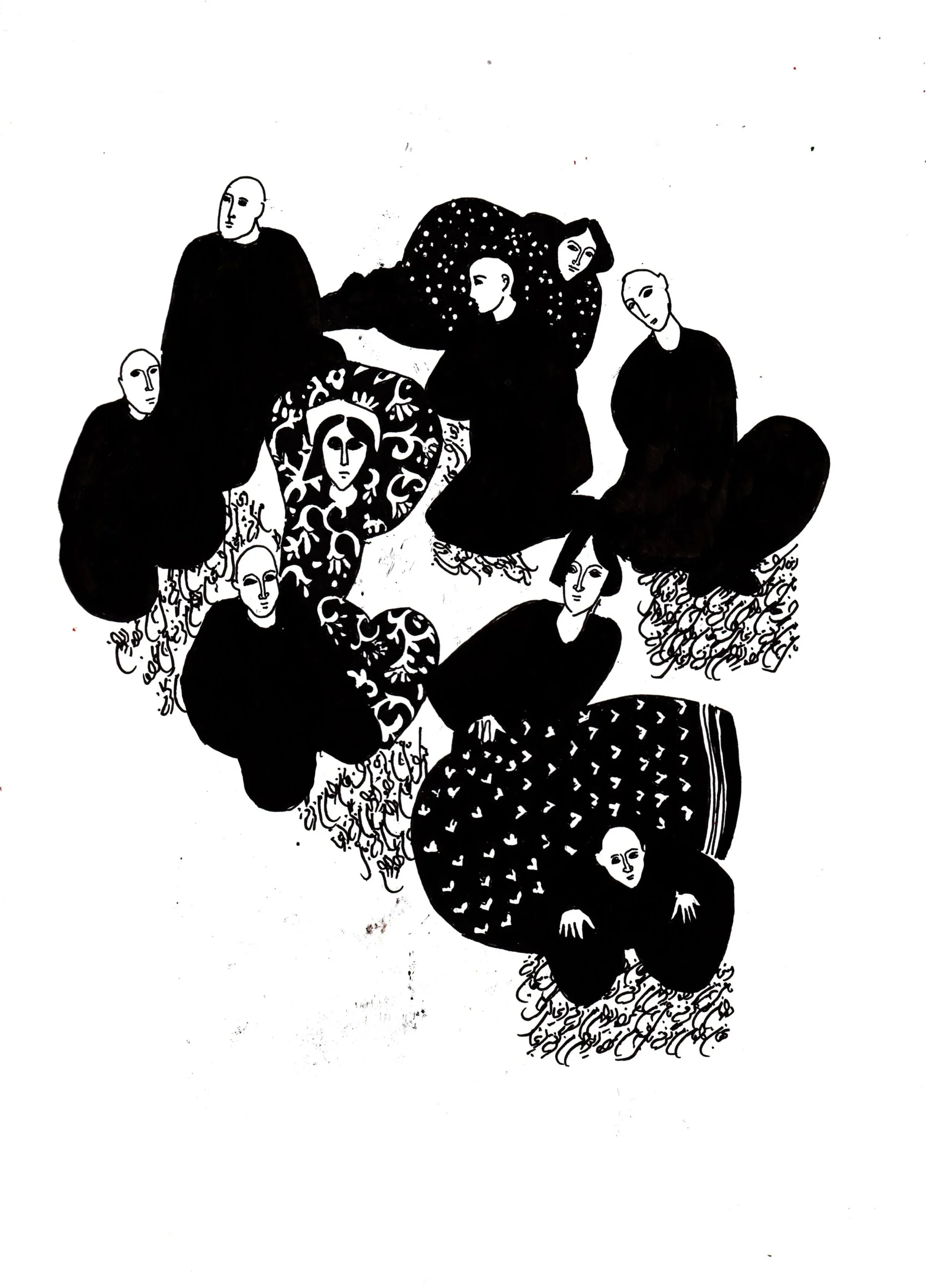 Black and white illustration of seven people with stylized, minimalistic facial features, sitting and lying around each other, with some feet visible and various patterned blankets. The drawing is made in Persian miniature tradition by Keyvan Mahjoor