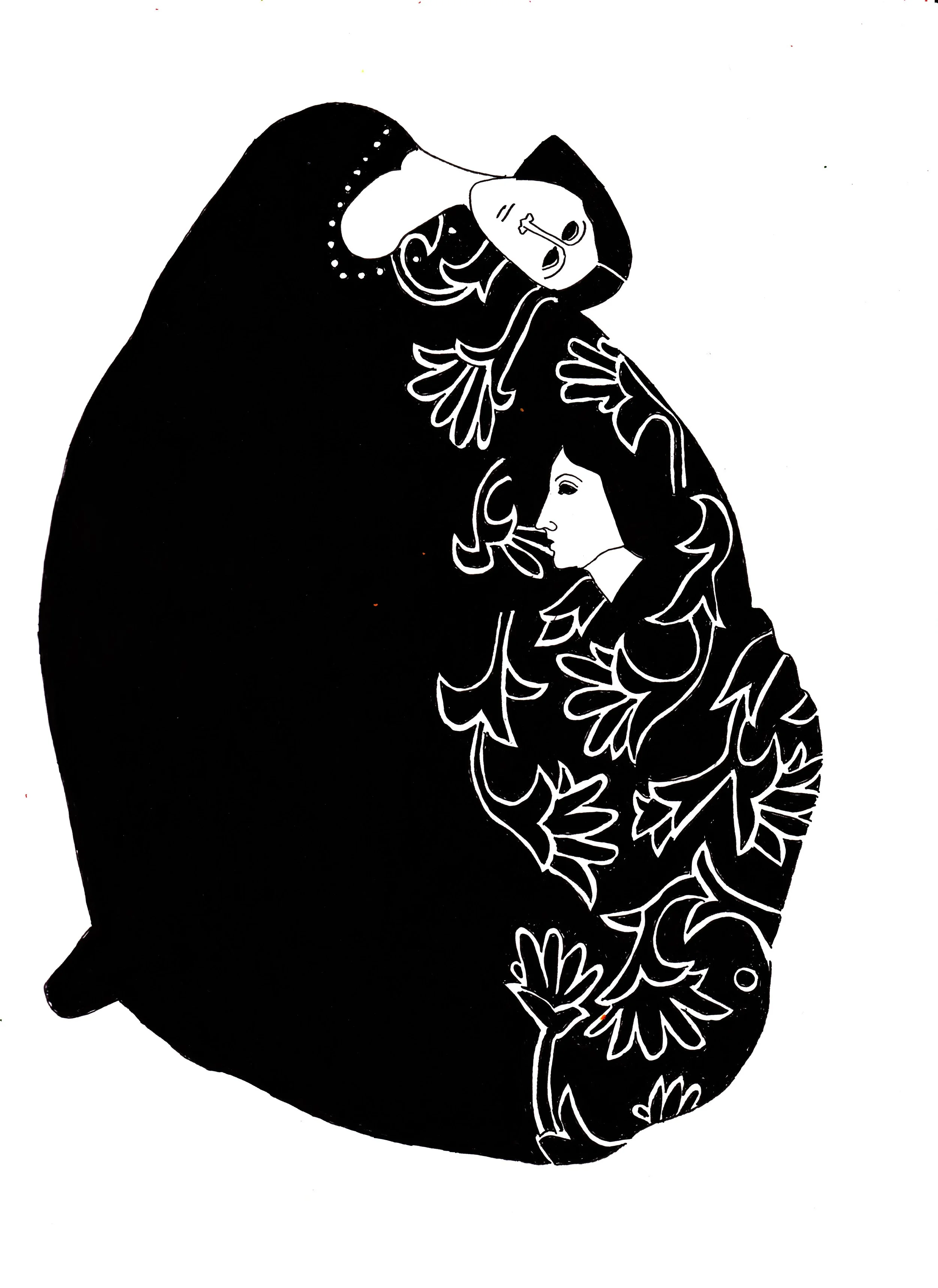 Black and white abstract art depicting a large figure with a human face and a bird, with smaller human faces and floral patterns integrated into the design.