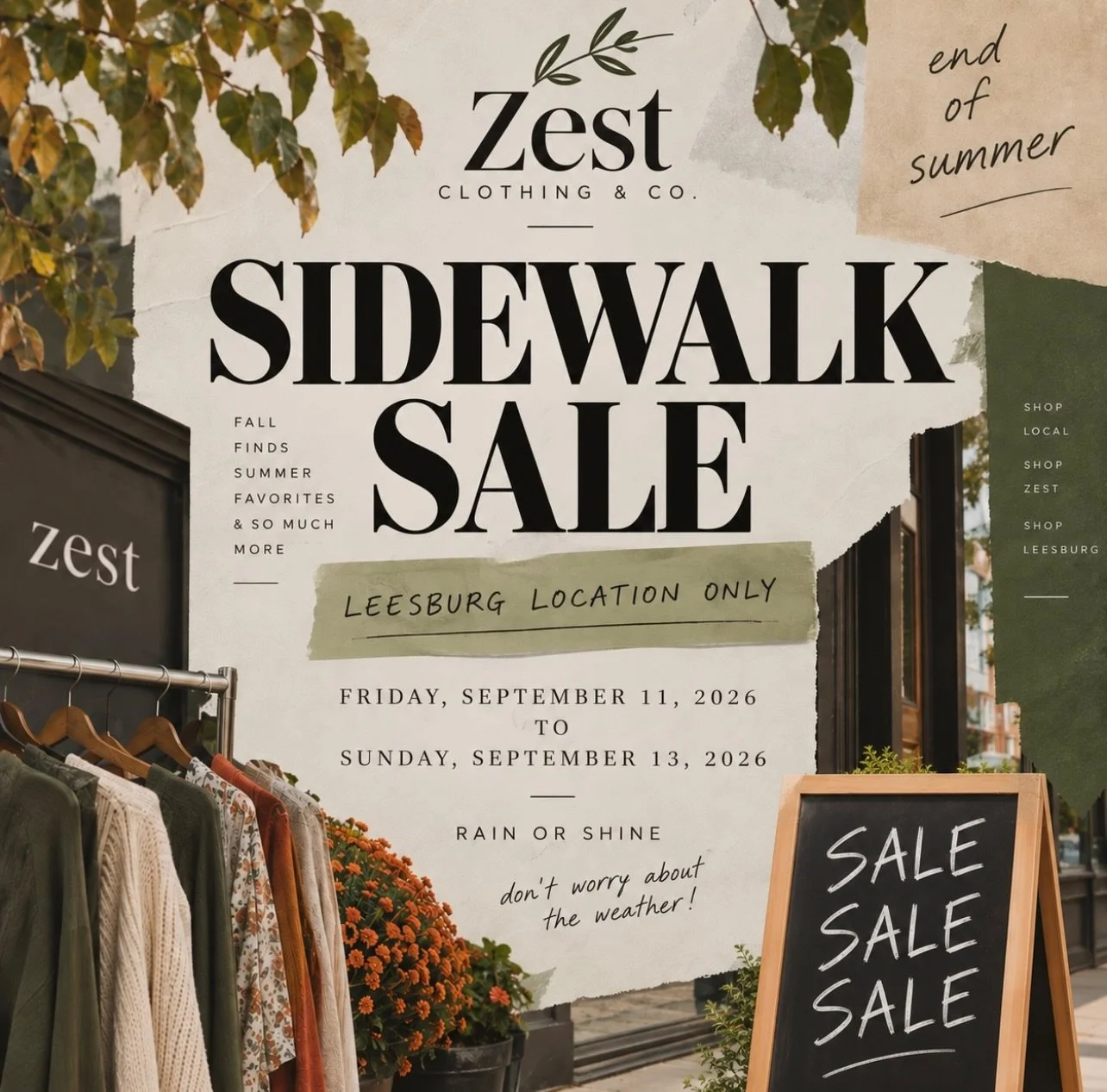 It&rsquo;s Sidewalk Sale weekend in Leesburg! 🍂
We&rsquo;re so excited to be participating in the annual Leesburg Sidewalk &amp; Tag Sale, happening September 11&ndash;13 throughout downtown Leesburg!

Stop by Zest all weekend long to shop some seri