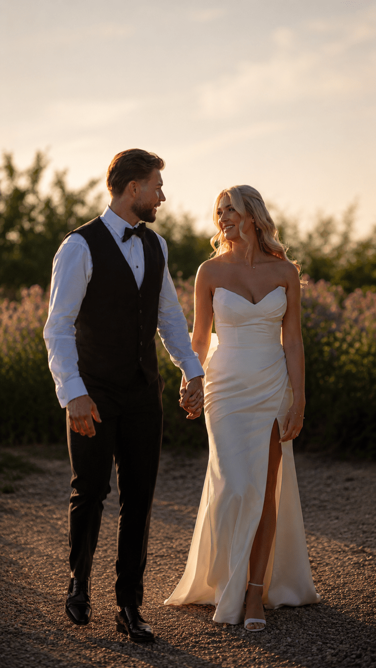 Bride and groom walking together at golden hour