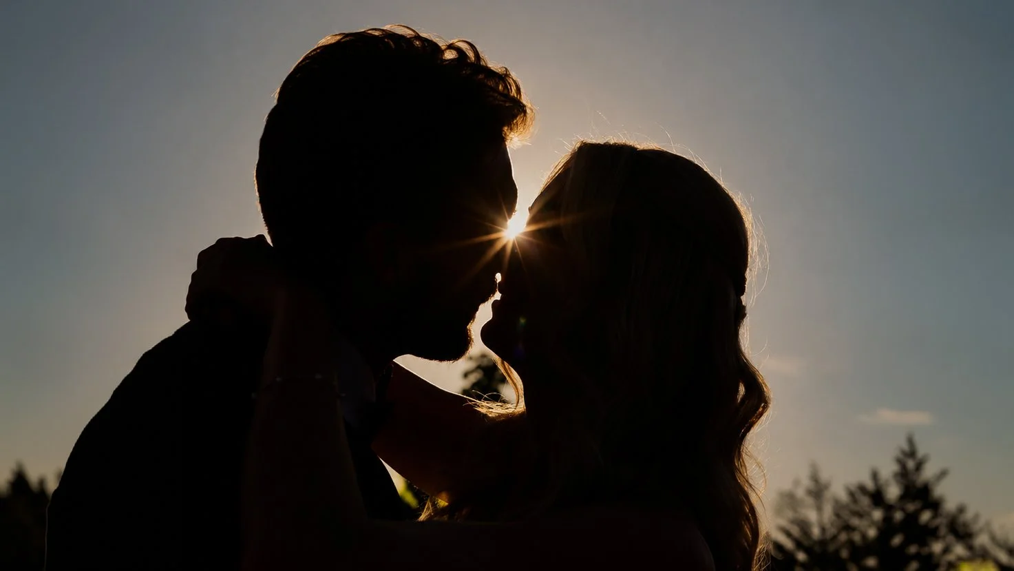 A wedding couple silhouetted against the low sun, about to kiss