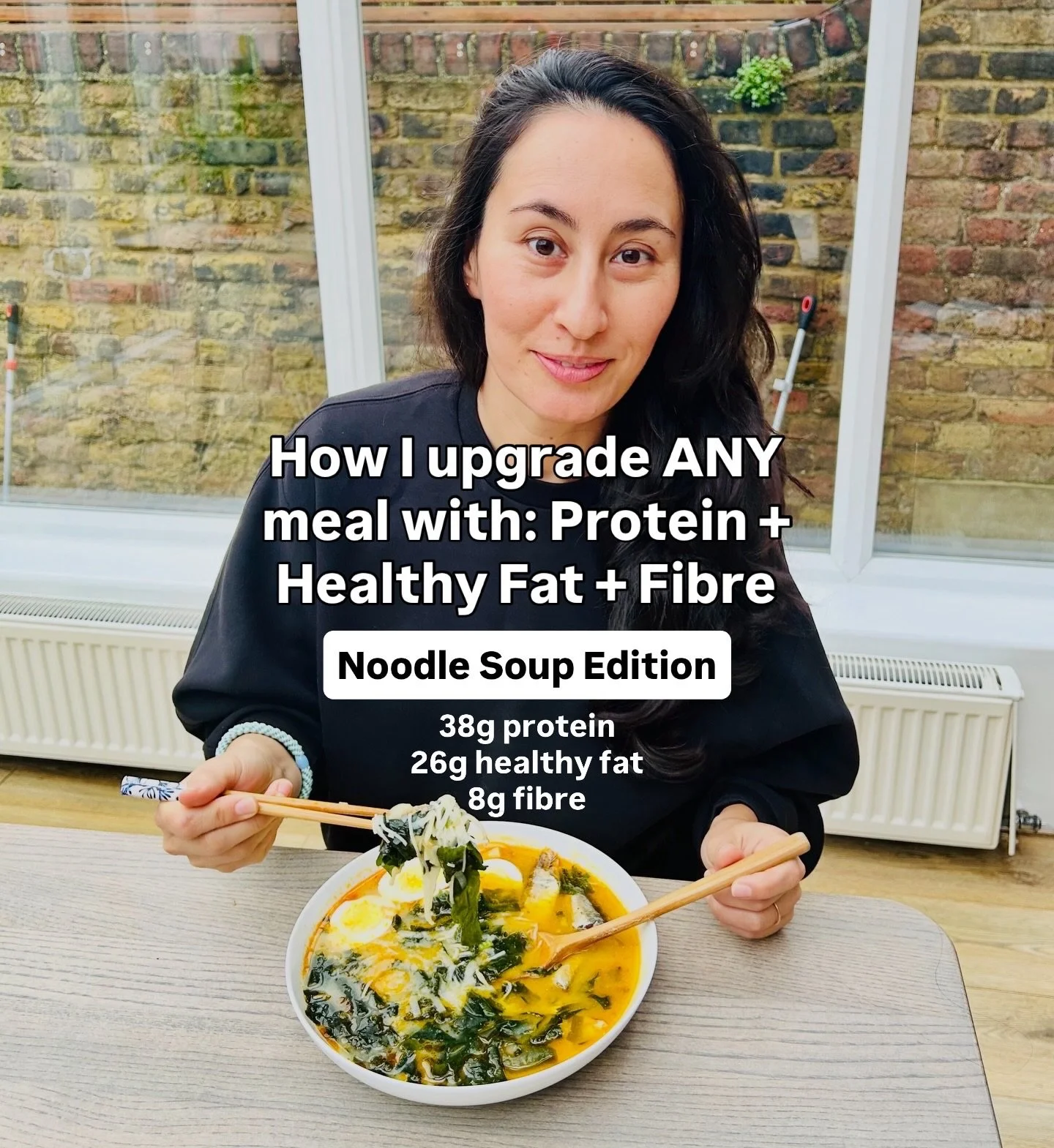 Leftover noodle soup upgraded with three essential elements for every meal: protein, healthy fat, &amp; fibre. That&rsquo;s my nutrition formula and I call it The Nourish3 Method. 

Curious how to Nourish3 your own meals? Start with my free guide &ra