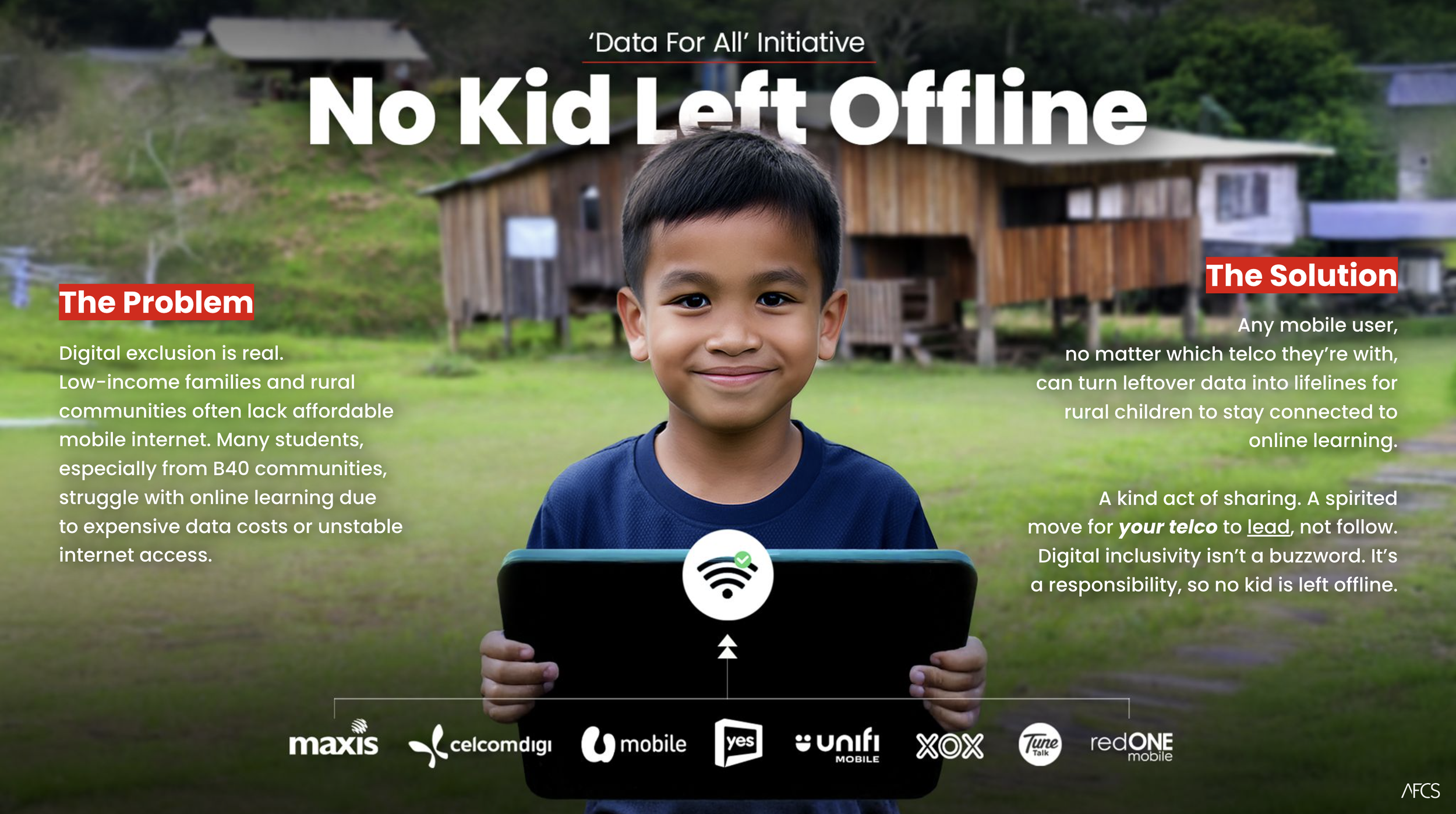 A smiling young boy holding a tablet with a Wi-Fi symbol icon in front of a rural wooden house and green landscape, promoting a digital inclusion initiative called 'No Kid Left Offline'.