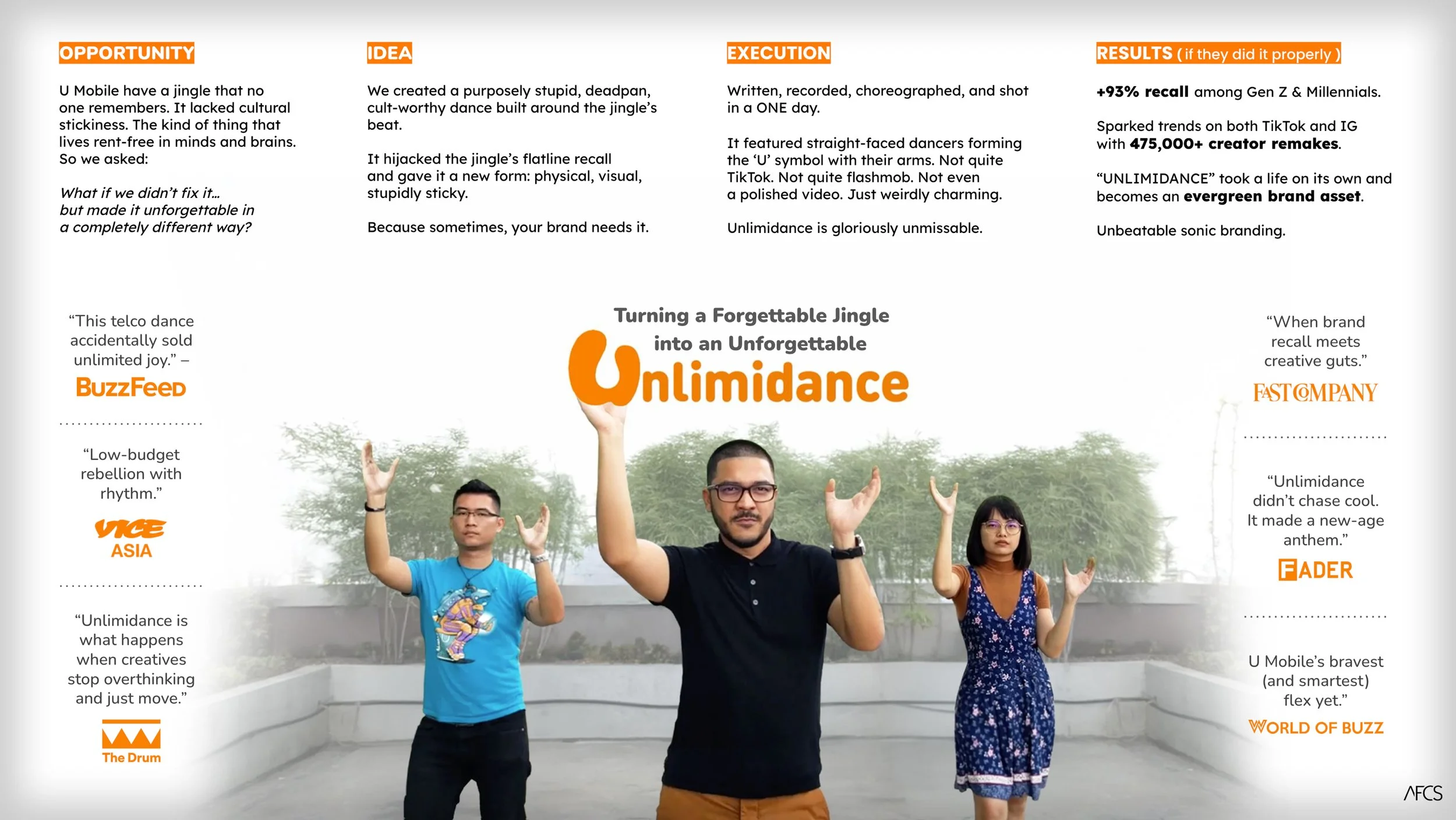 Image features three people standing outdoors, with their arms raised, forming the letter 'U' with their hands. The central person, a man wearing glasses and a black shirt, is holding an orange text that reads 'Unforgetabble'. The background includes trees and a concrete wall. The image contains various blocks of text with headers such as 'Opportunity,' 'Idea,' 'Execution,' and 'Results,' along with quotes from media outlets like BuzzFeed, Vice, The Drum, Fast Company, and World of Buzz, discussing a marketing or branding campaign.