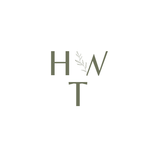 Minimalist logo with the letters H, W, and T arranged vertically, a small branch illustration, all in green on a white background.