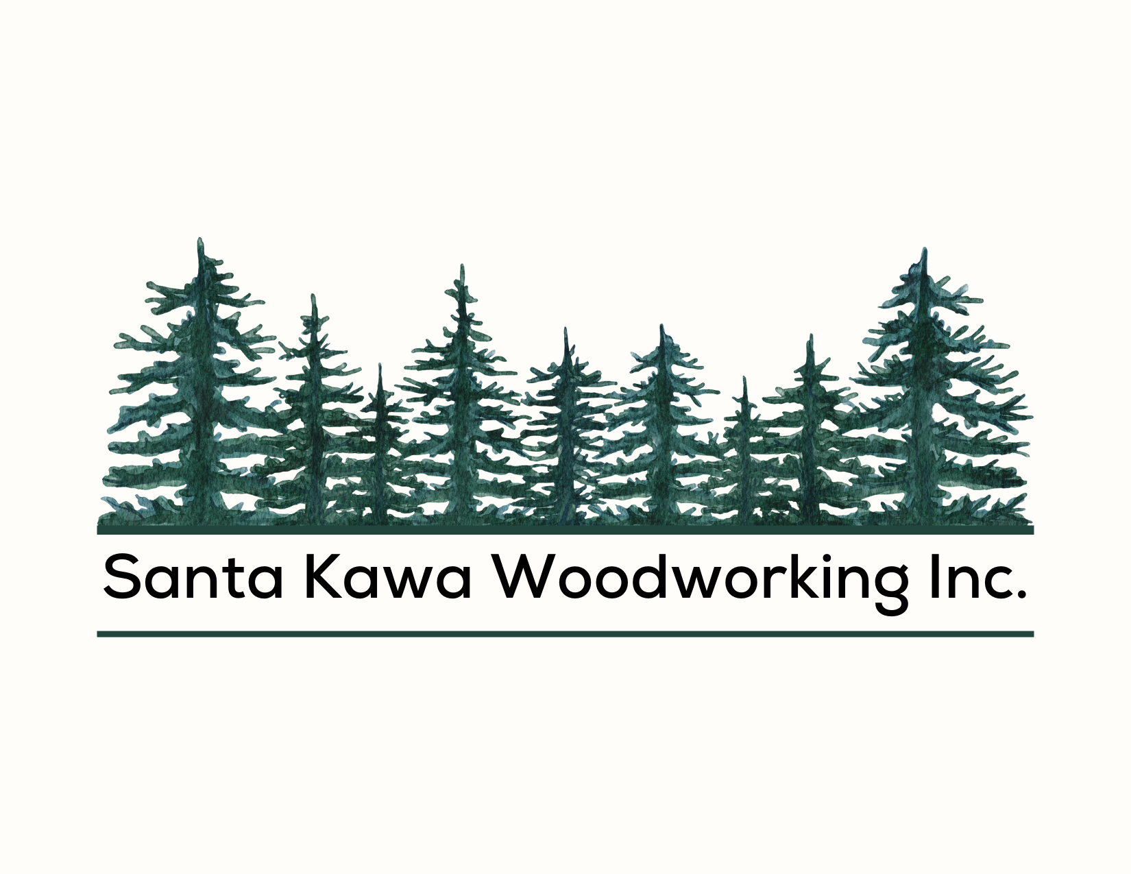 Logo for Santa Kawa Woodworking Inc. featuring watercolor illustration of pine trees and company name.