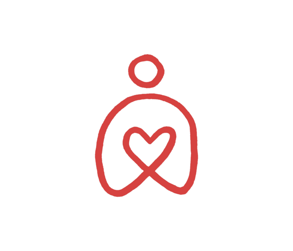 A minimalist illustration of a person with a heart inside their chest, with a circular head and open arms, drawn with red lines on a black background.