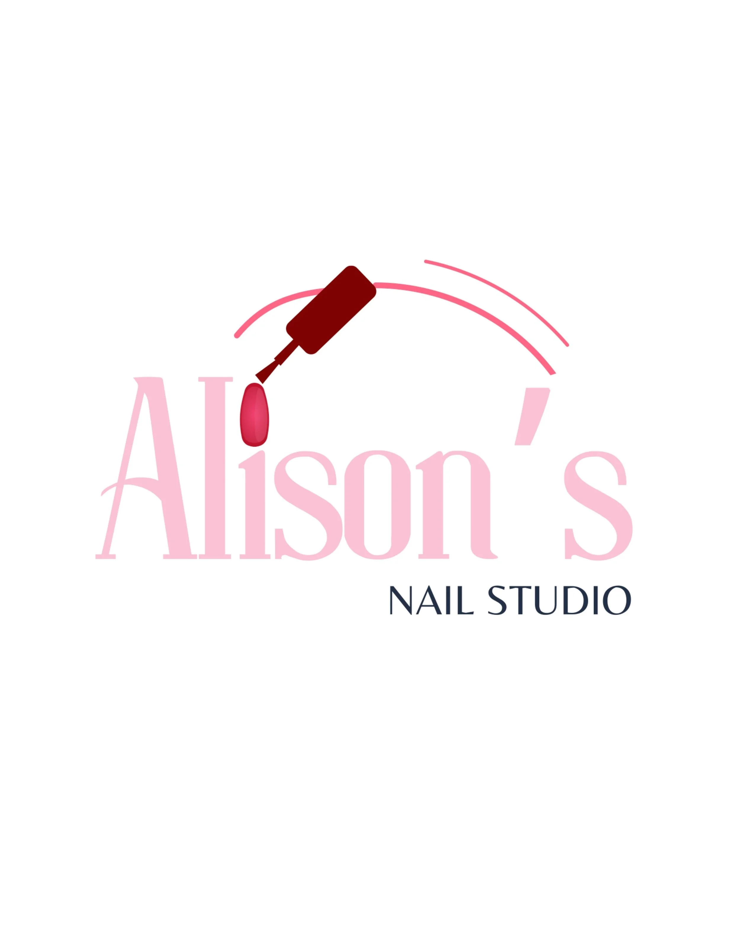 Logo for Alison's Nail Studio featuring a pink nail polish bottle and brush above the name in pink, with curved lines and text in black.