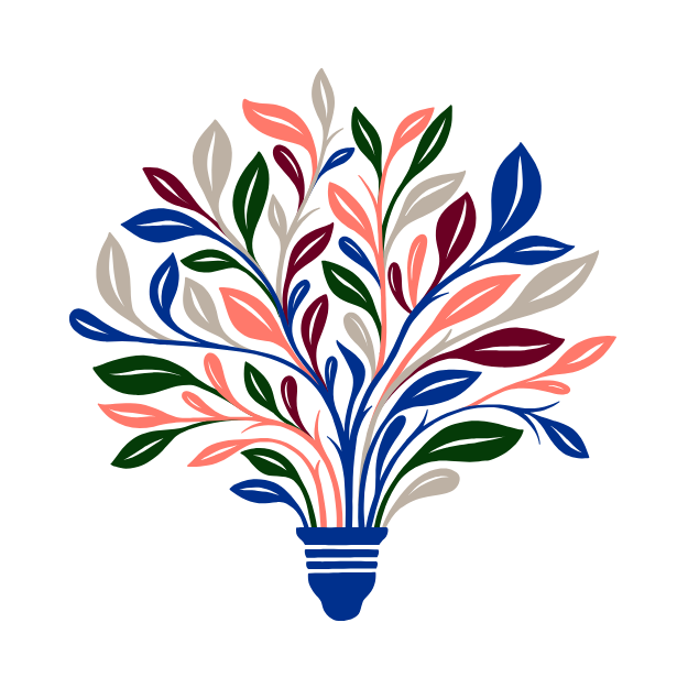 Illustration of a potted plant with colorful leaves in shades of blue, pink, green, and beige, on a plain background.