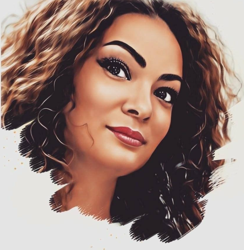 Close-up portrait of a woman with curly hair, dark eyebrows, and red lipstick, smiling gently.