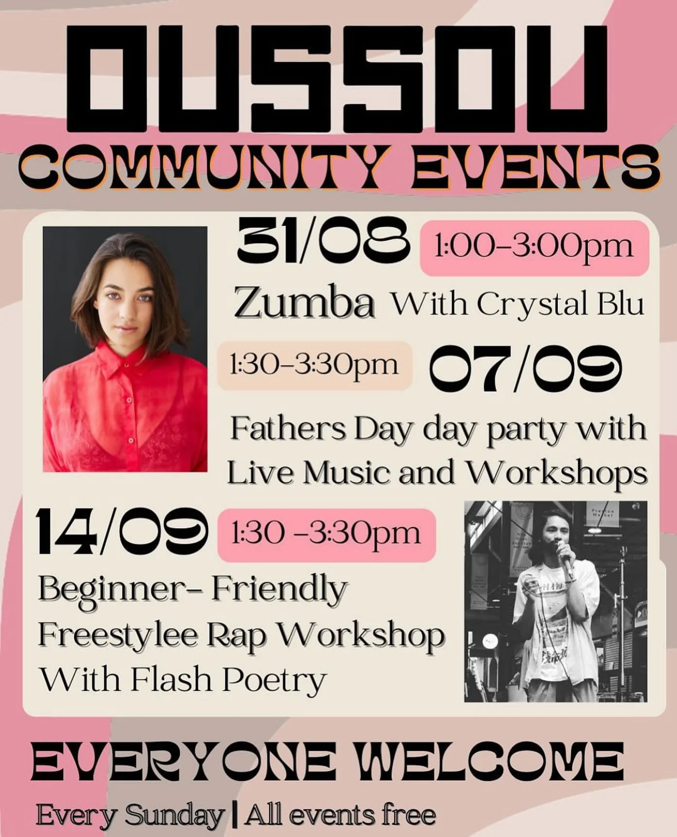 💙 BEGINNER FRIENDLY SUNDAYS 💙@baroussou 

31 AUGUST (tmr) 
Zumba/Meditation/Treats w/ Crystal Blu 1pm-3pm 
7 SEPT 
Daddy Day werkshops (freeee entry)
14 SEPT
Freestyle Rap w/s 

the versatility, accessability and acceptance of Bar Oussou is why I k