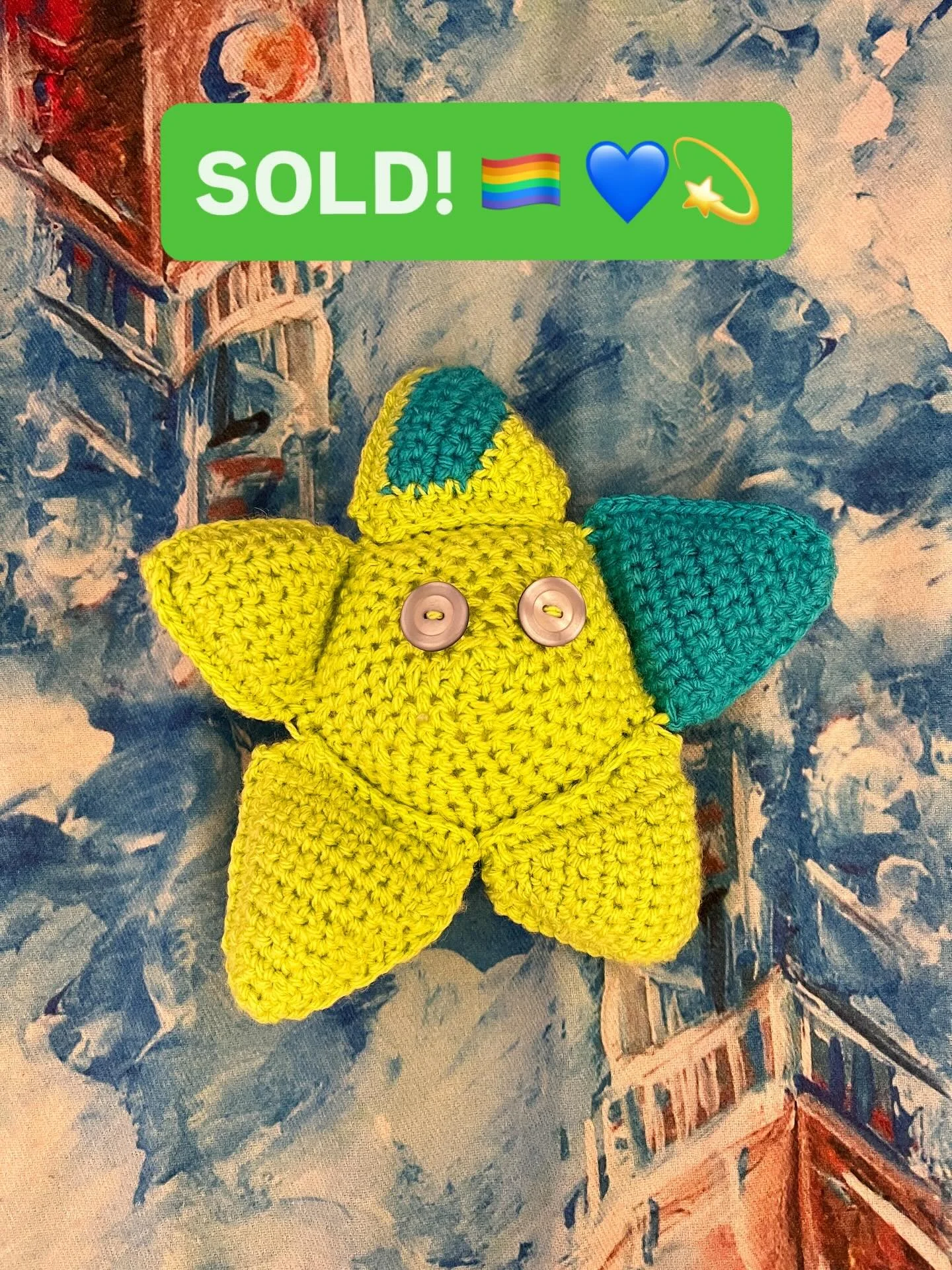 little crochet plushie, &quot;Star&quot; found their forever home at the @slamtidote poetry event on Saturday

thank you to the person who bought them 🥹💚

#crochetart
#smlbiz
#gratefulness 
#melbournemarket