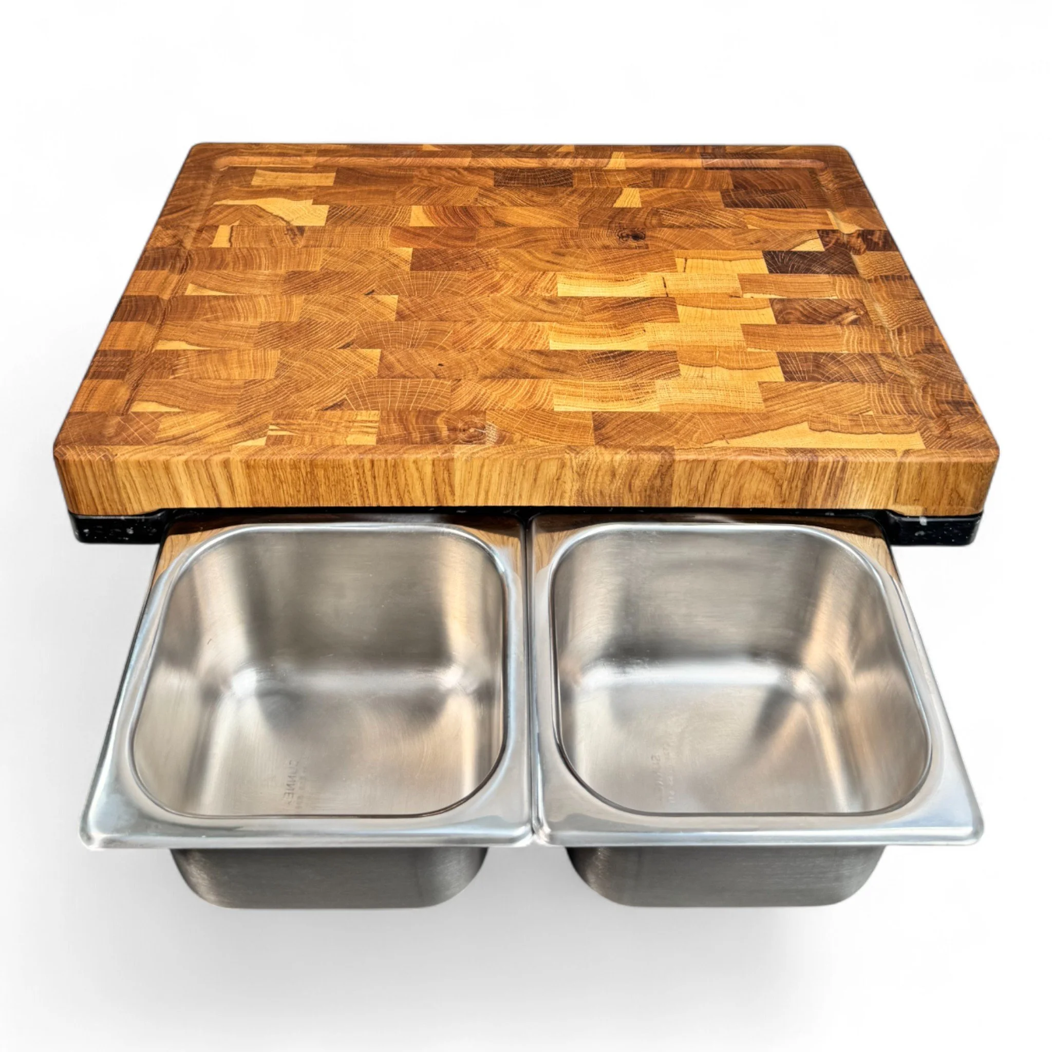 Sustainable end-grain chopping board with removable stainless steel containers