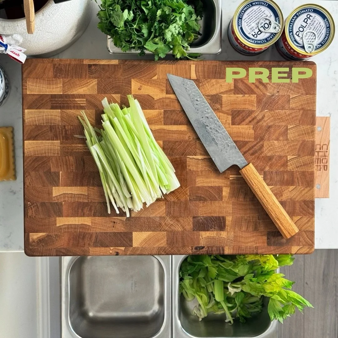 Keep your area tidy by using the containers to collect any waste or prepped food - swipe for the process.